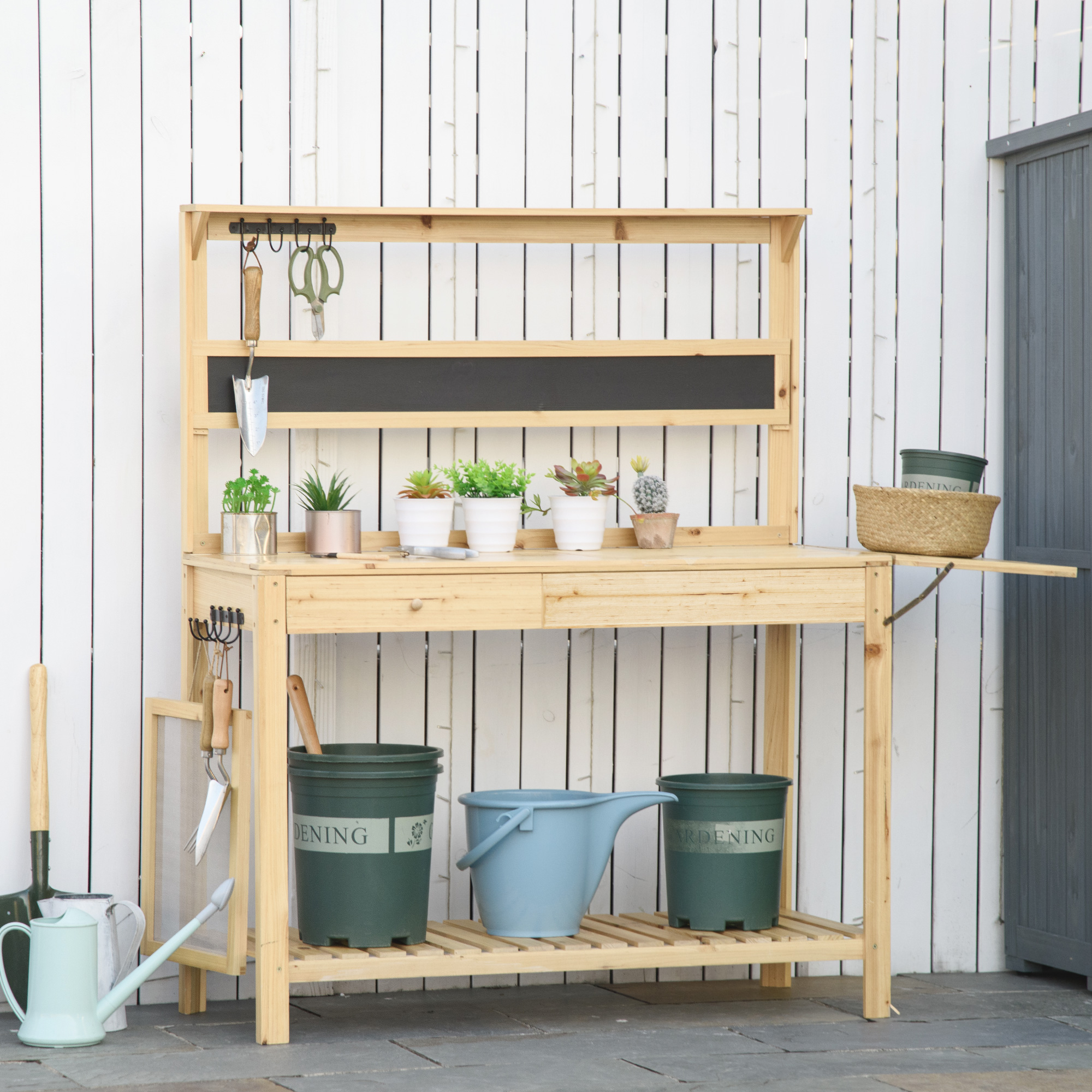 Outsunny plantentafel tuintafel met 8 haken ladeplank bloementafel van hout voor tuinterras naturel 151 x 45,5 x 143 cm