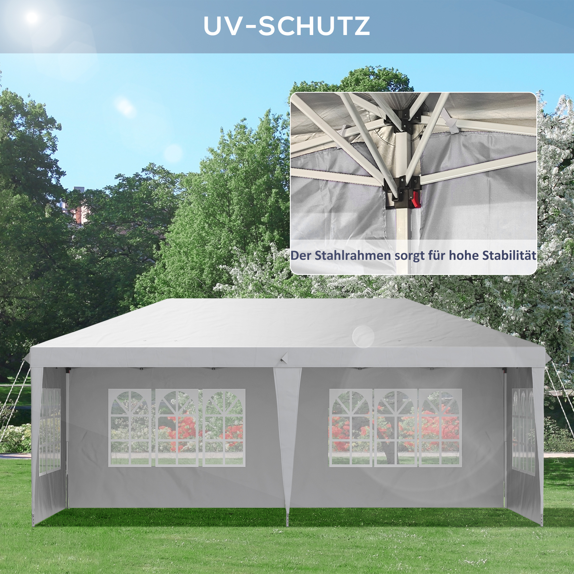 Outsunny Opvouwbare paviljoen, feesttent, 4 grote ramen, afneembare zijwanden, metalen frame, 5,85 x 2,95 x 2,7 m, wit