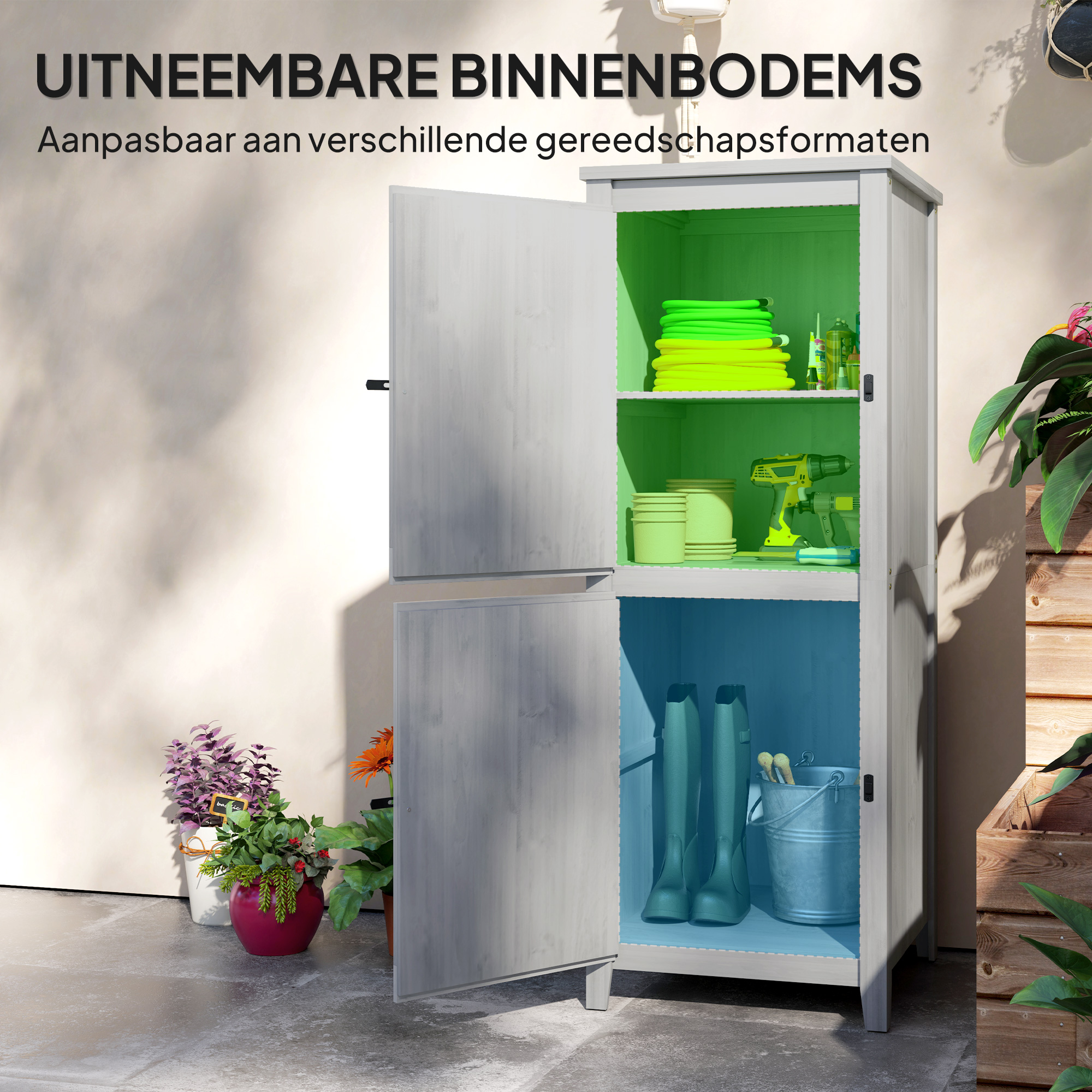 Outsunny Houten Tuinschuur, Compacte Tuinschuur voor Gereedschap en Tuingereedschappen met Afsluitbare Deuren, Lichtgrijs