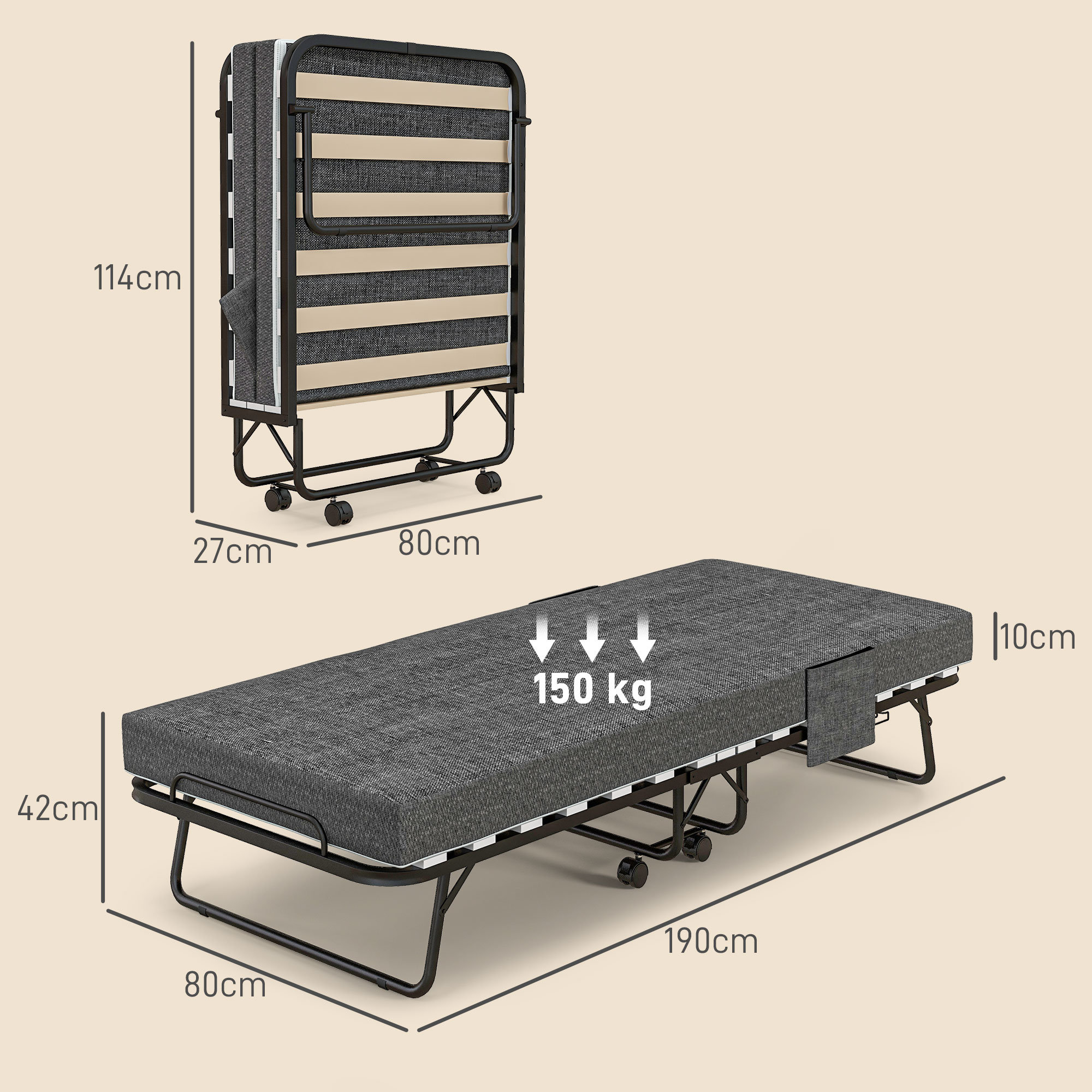 HOMCOM Opklapbed, Matras, 4 Wielen, Metalen Frame, Tot 150 kg, 190 x 80 x 42 cm, Donkergrijs