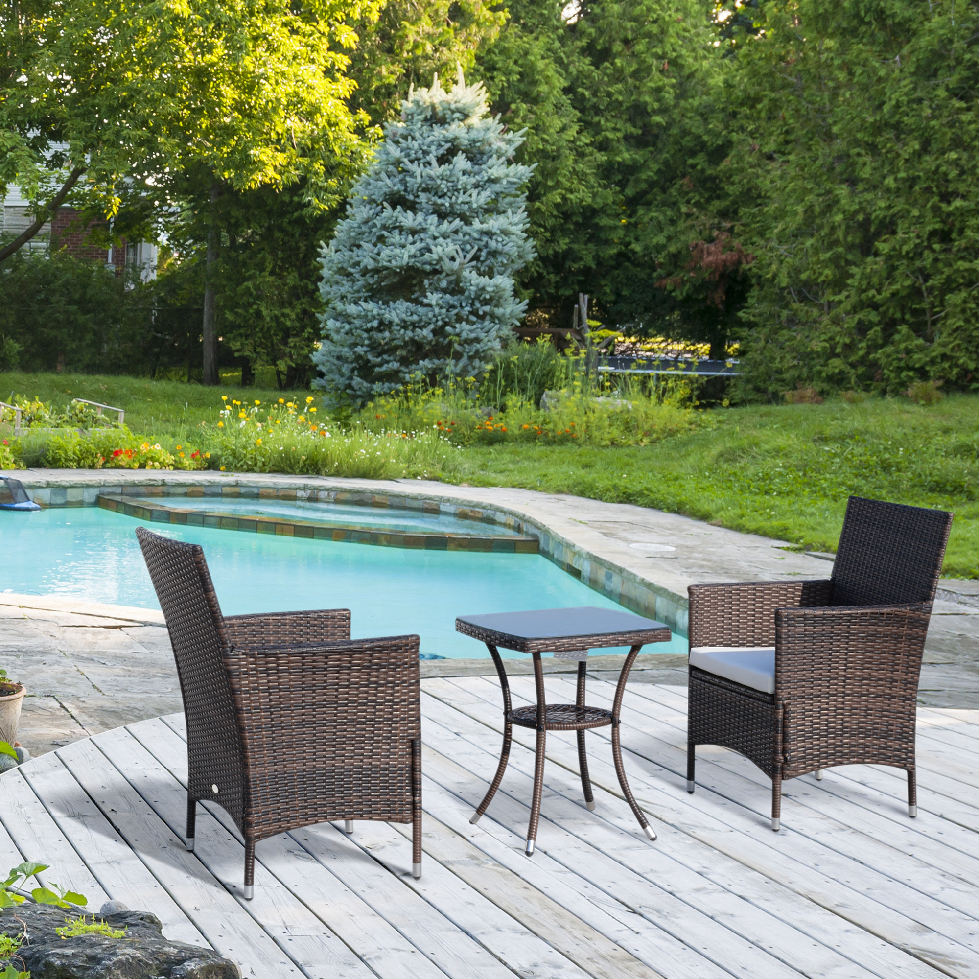 Outsunny 3-delige zitgroep voor in de tuin, rotan tuinset, poly-rotan, bruin