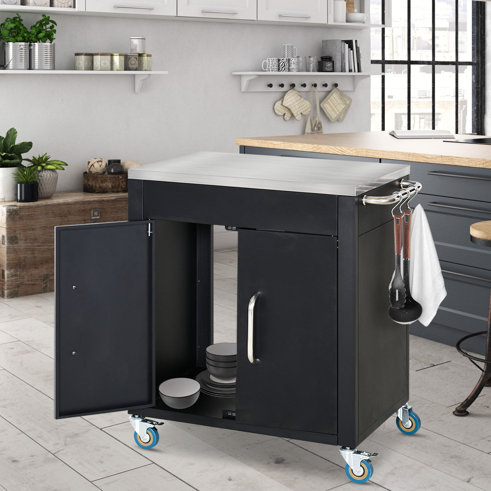HOMCOM keukenwagen met wielen, serveerwagen, keukenhulp, rvs, zwart, 86 x 50 x 84,5 cm