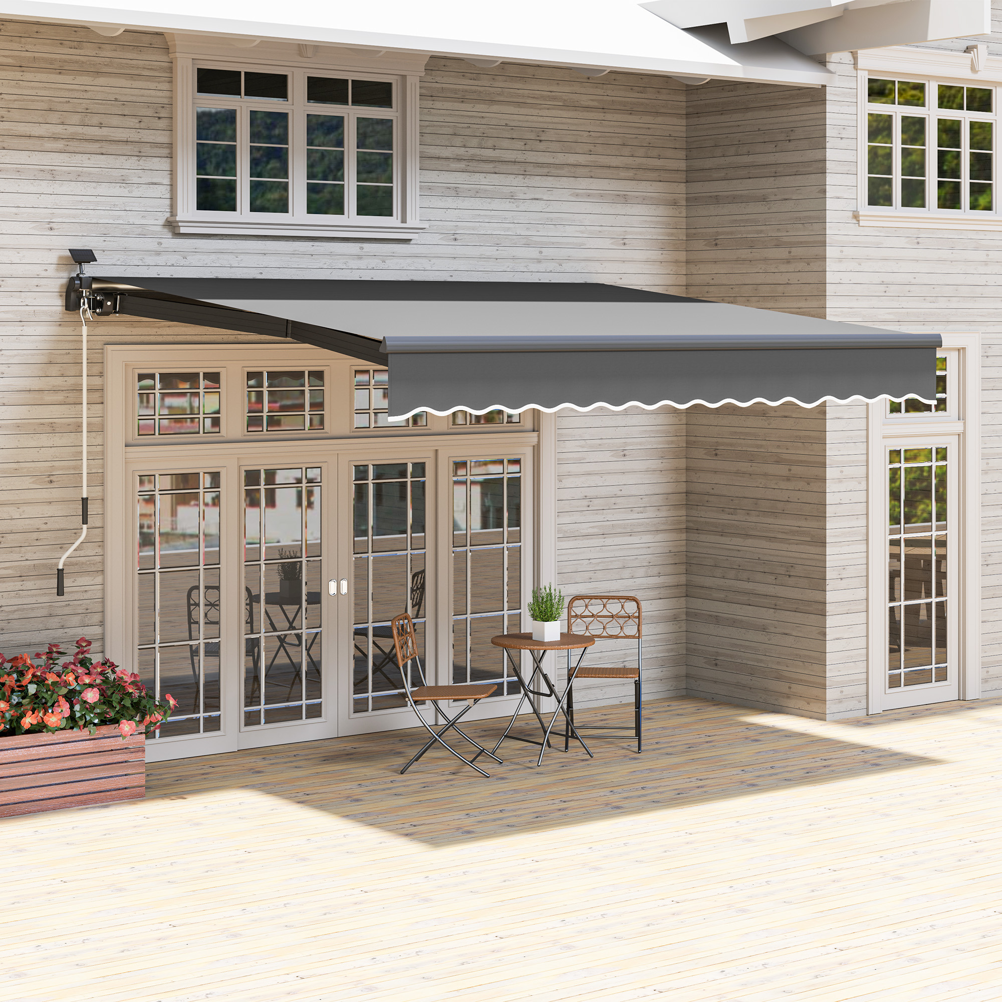 Outsunny Uitschuifbare Luifel met Handkruk en Zonne-energie LED-licht UV 50+ 400 cm breed Grijs