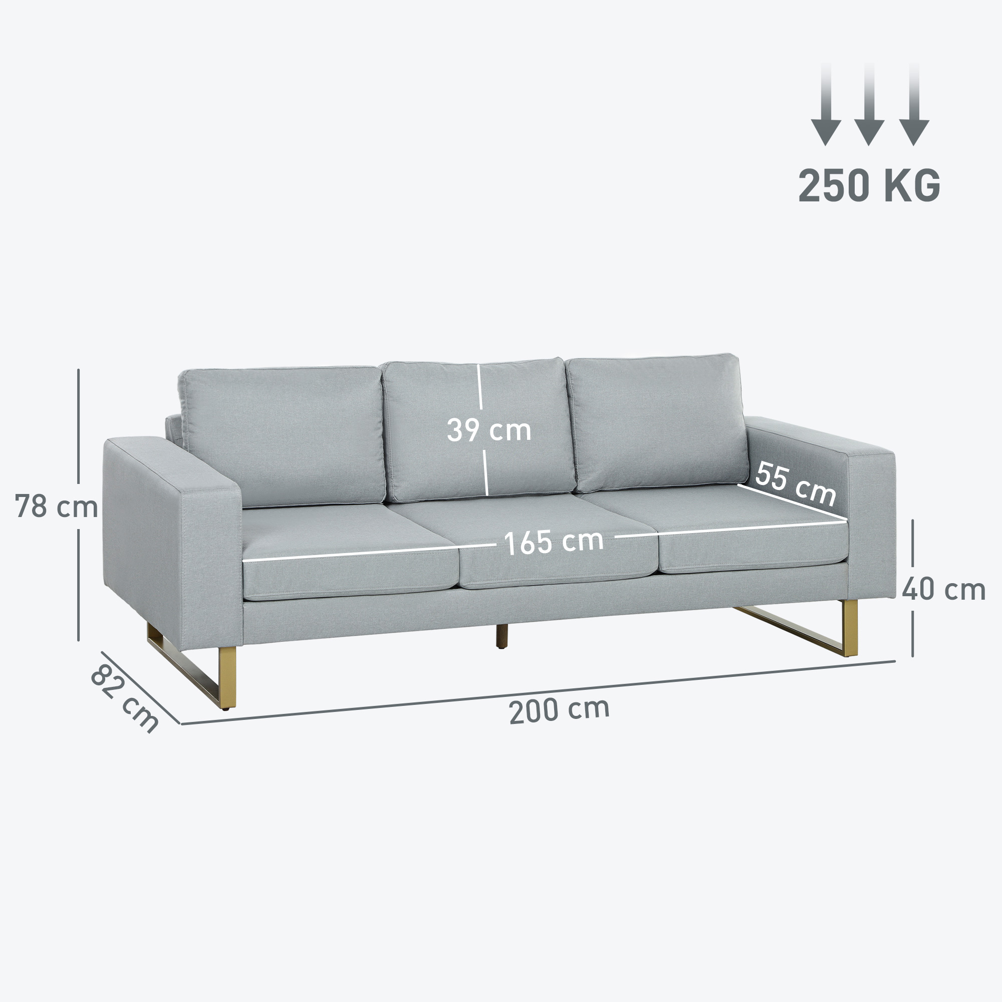 HOMCOM 3-Zitsbank, Bank met Houten Frame, Metalen Poten, Eenvoudig Ontwerp, Lichtgrijs