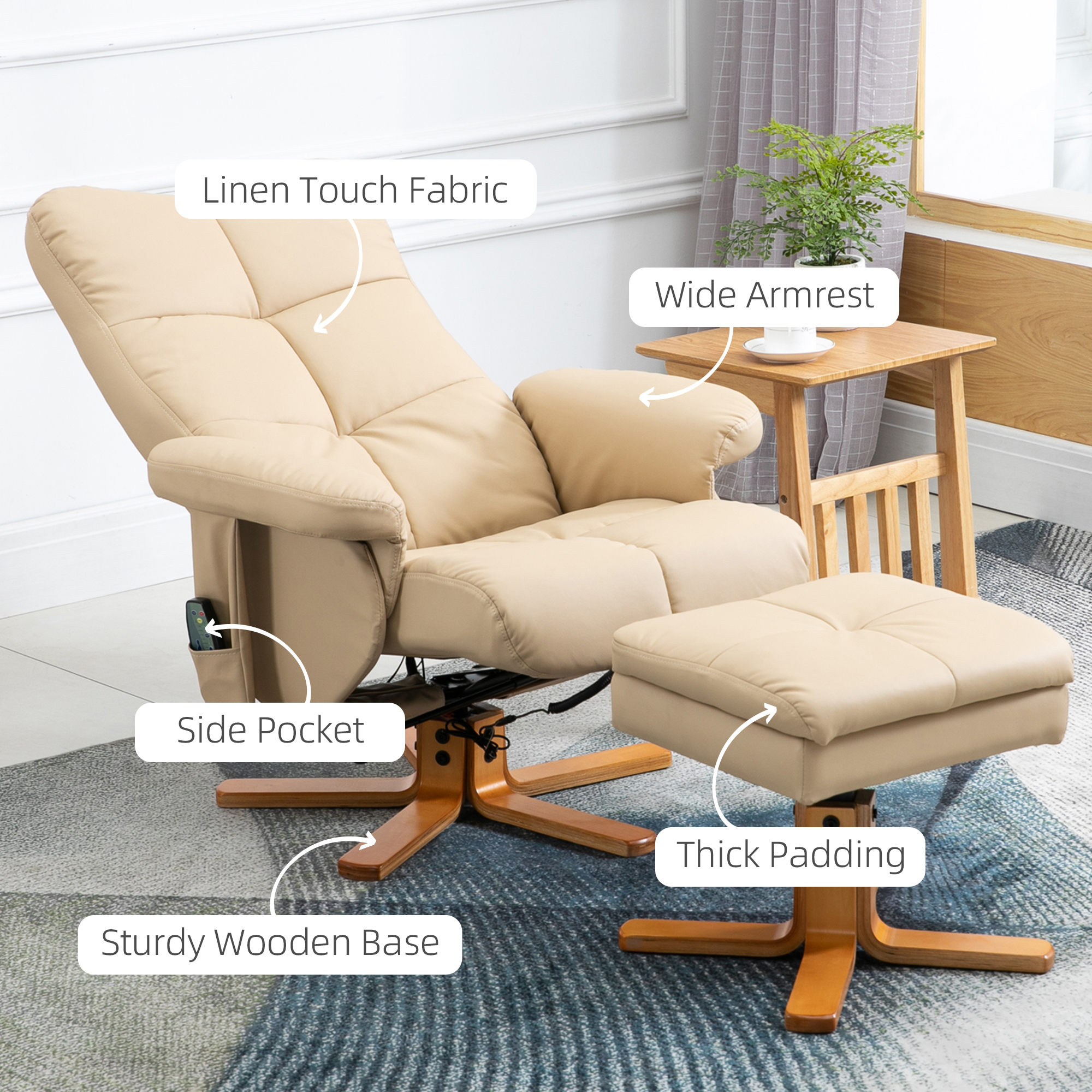 HOMCOM massagestoel met ottoman relaxstoel TV-stoel TV-stoel 145 ° helling kunstleer crèmewit 80 x 86 x 99 cm