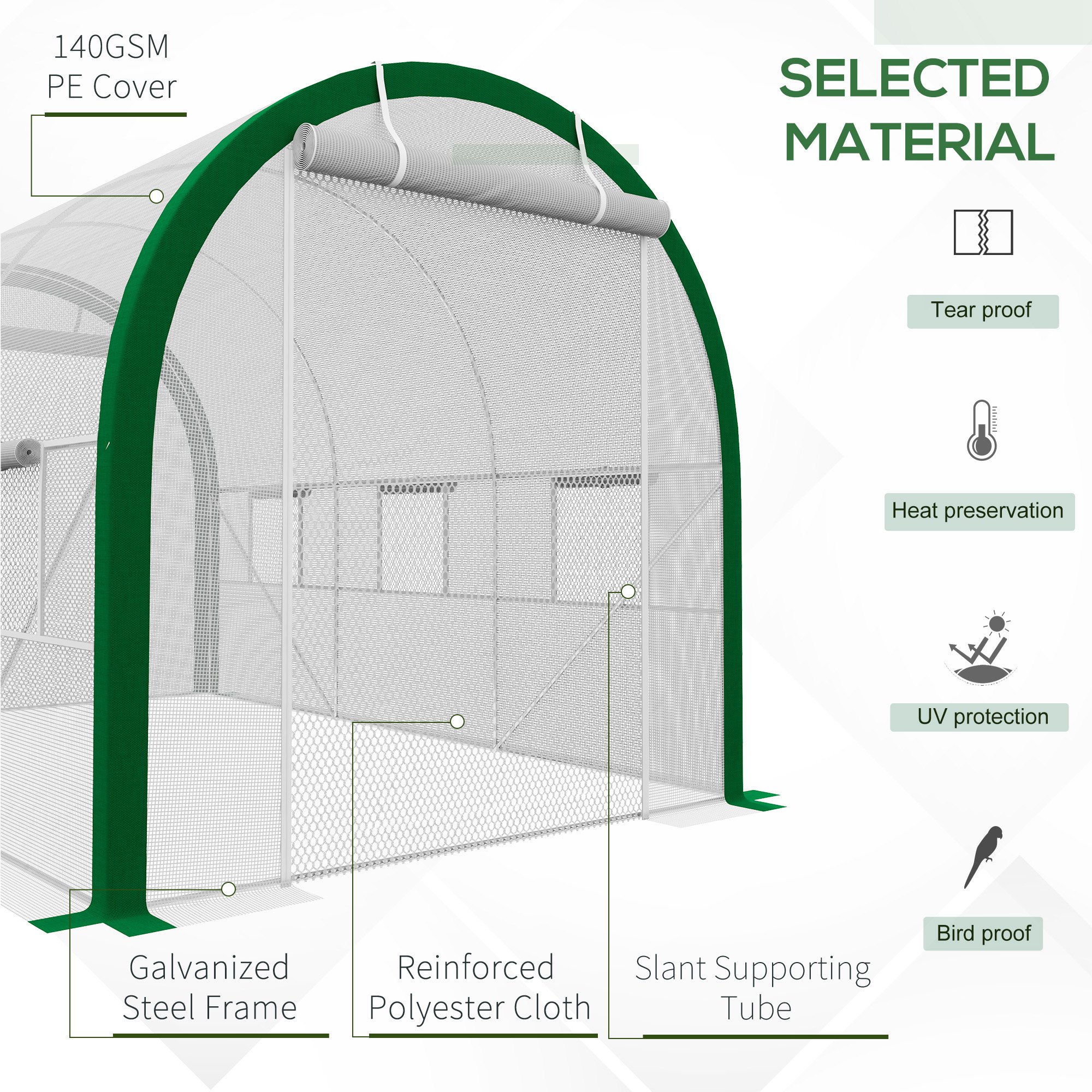 Outsunny tunnelkas, broeikas, ritsdeuren, gaasramen, metalen frame, 3,5 x 2 x 2m, wit