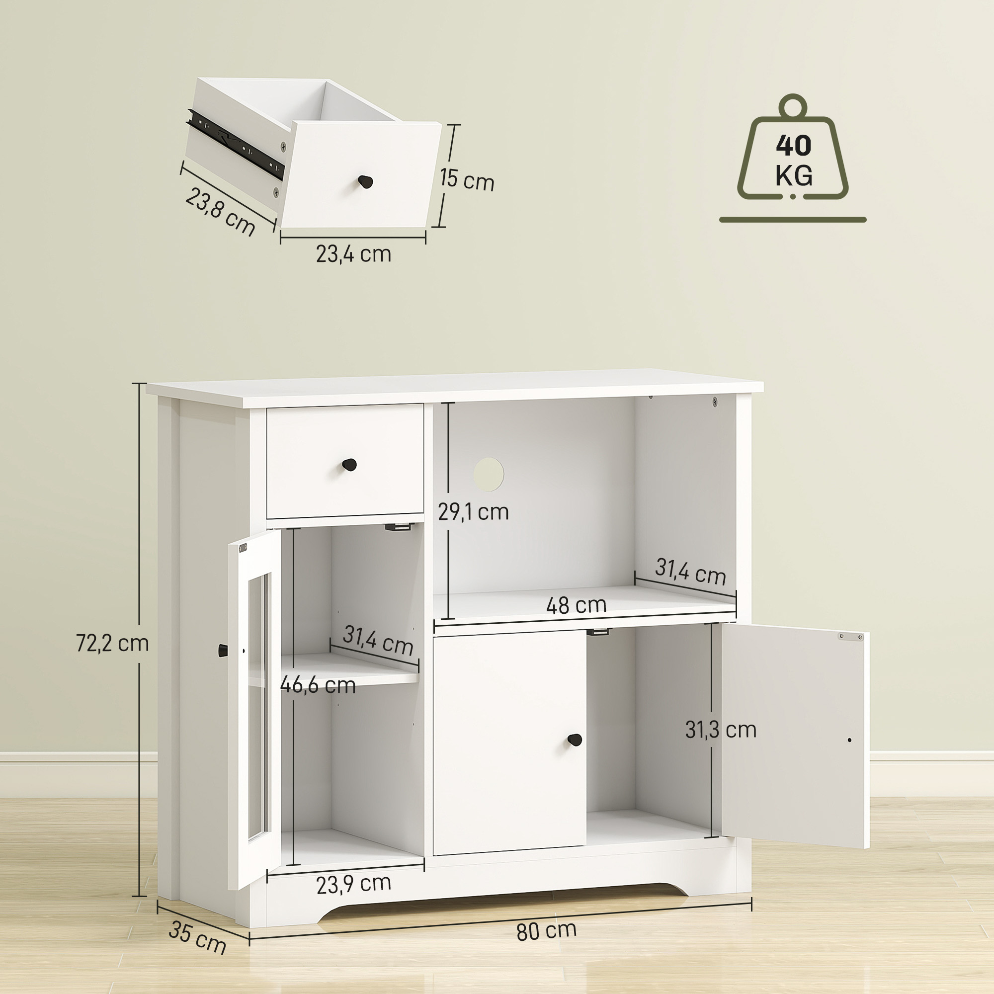HOMCOM Keukenkast met Kabeldoorvoer, Commode met 2 Kasten, Open Vak, Lade, 80 x 35 x 72,2 cm, Spaanplaat, Wit