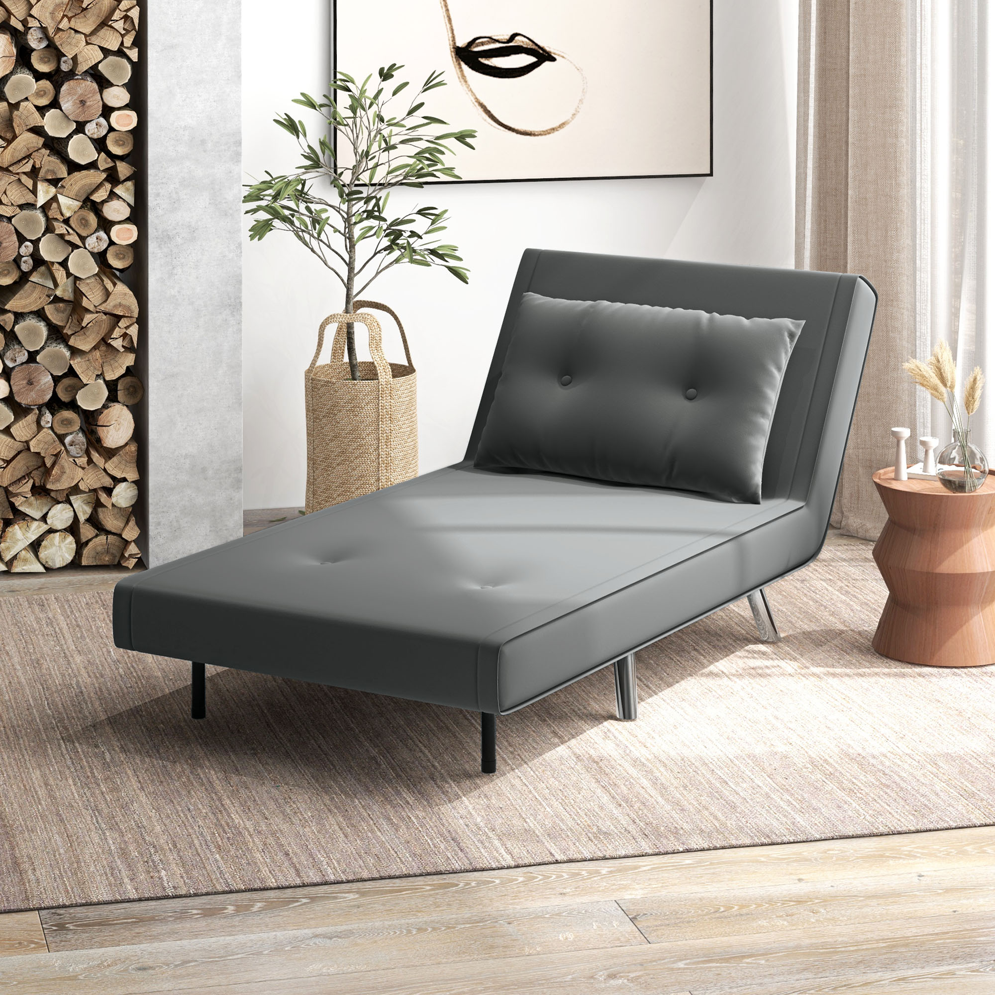 HOMCOM Ligstoel Stoel met Ligfunctie Slaapstoel, Knoopdetail, Linnenlook, 77 cm x 88 cm x 83 cm, Donkergrijs