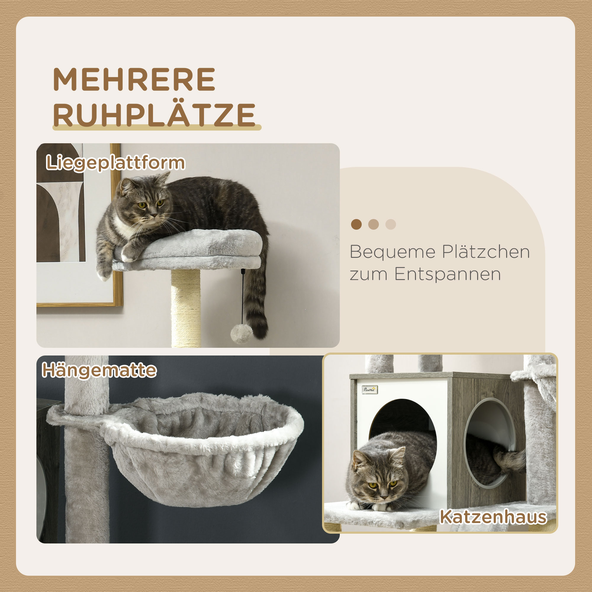 PawHut Krabpaal met kattenhol. Kattenboom, 1 kattenhol, 1 hangmat, 1 kattenbed, 1 ligplaats, natuur + wit + grijs