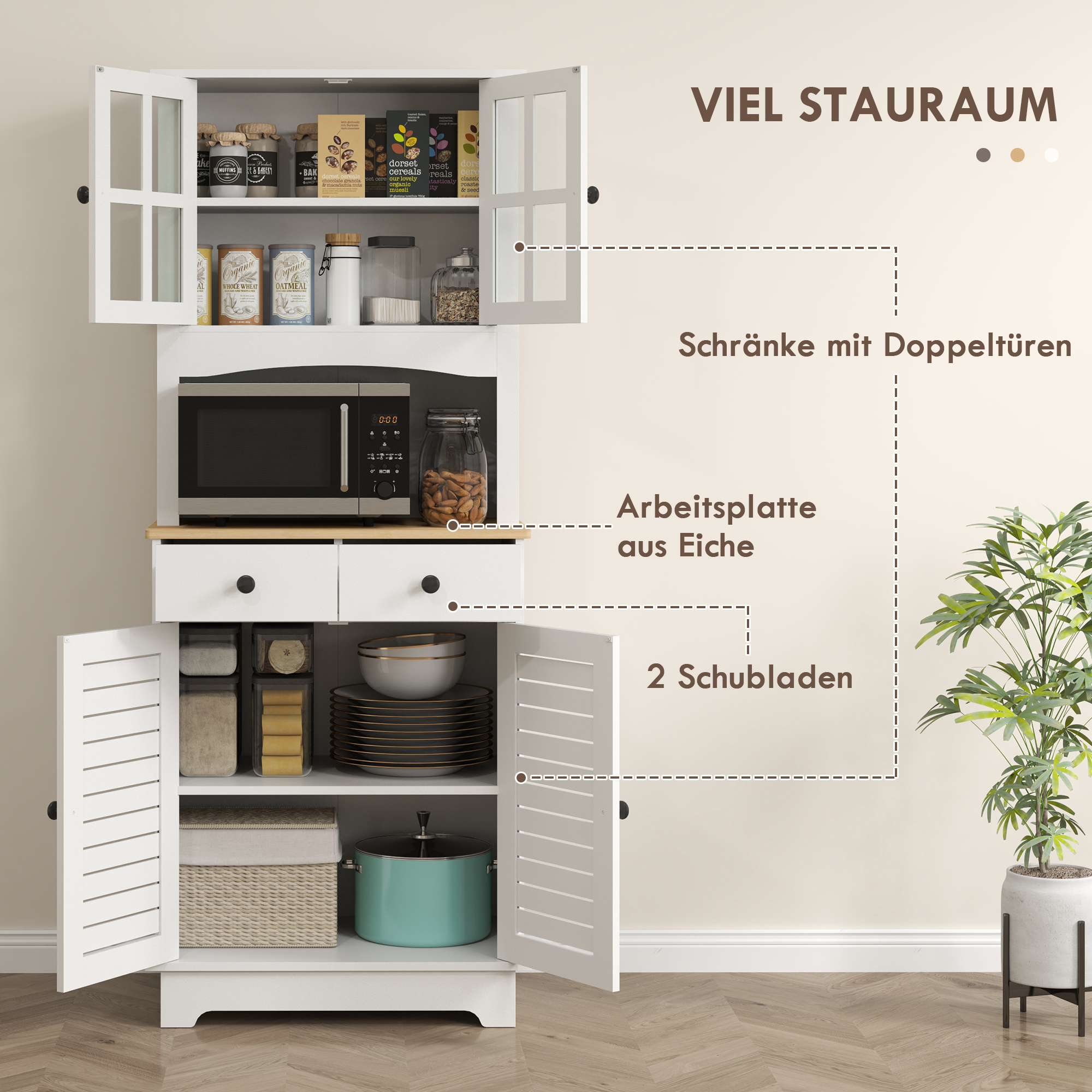 HOMCOM Keukenkast met Glazen Deuren, 2 Laden, Servieskast, Eetkamerschrank, Hout, 68 x 39,5 x 170 cm, Wit