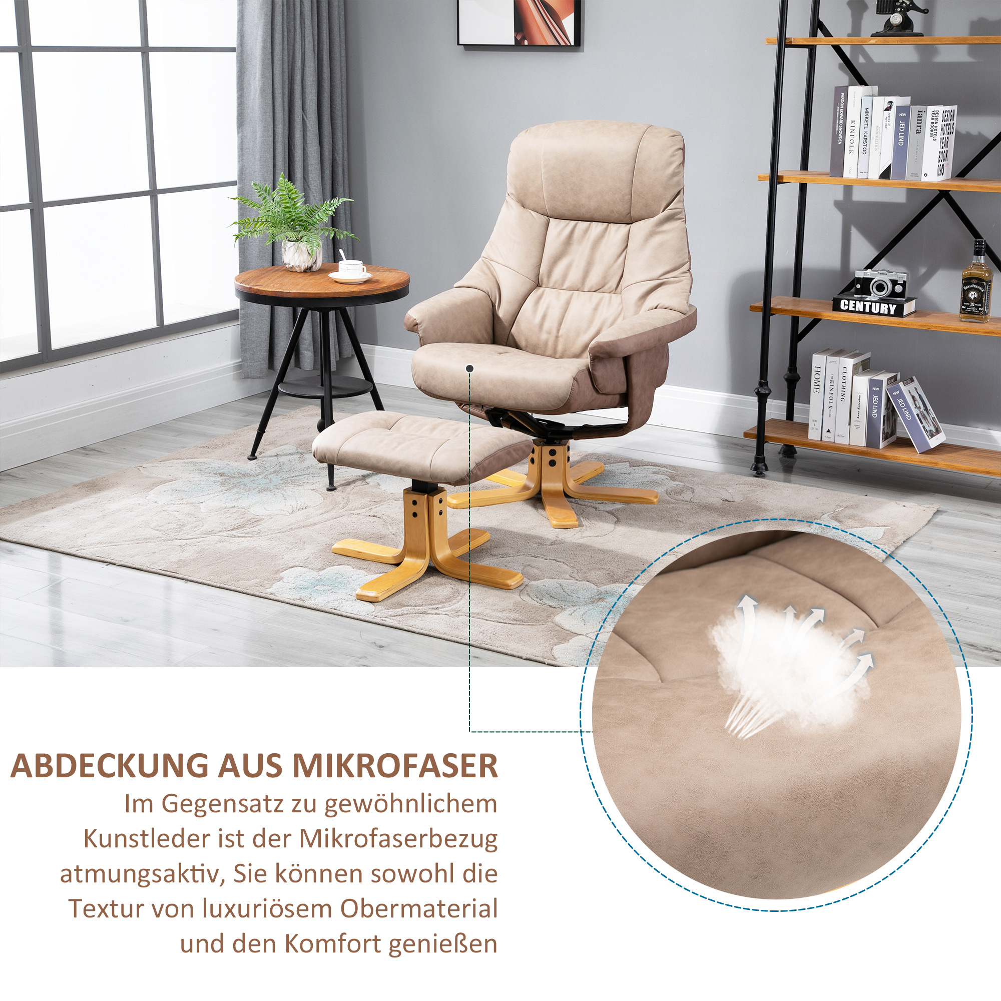 HOMCOM Relaxstoel met voetenbank, 360° draaibaar, 135° kantelbaar, ademende bekleding, 78 x 82,5 x 109 cm, bruin