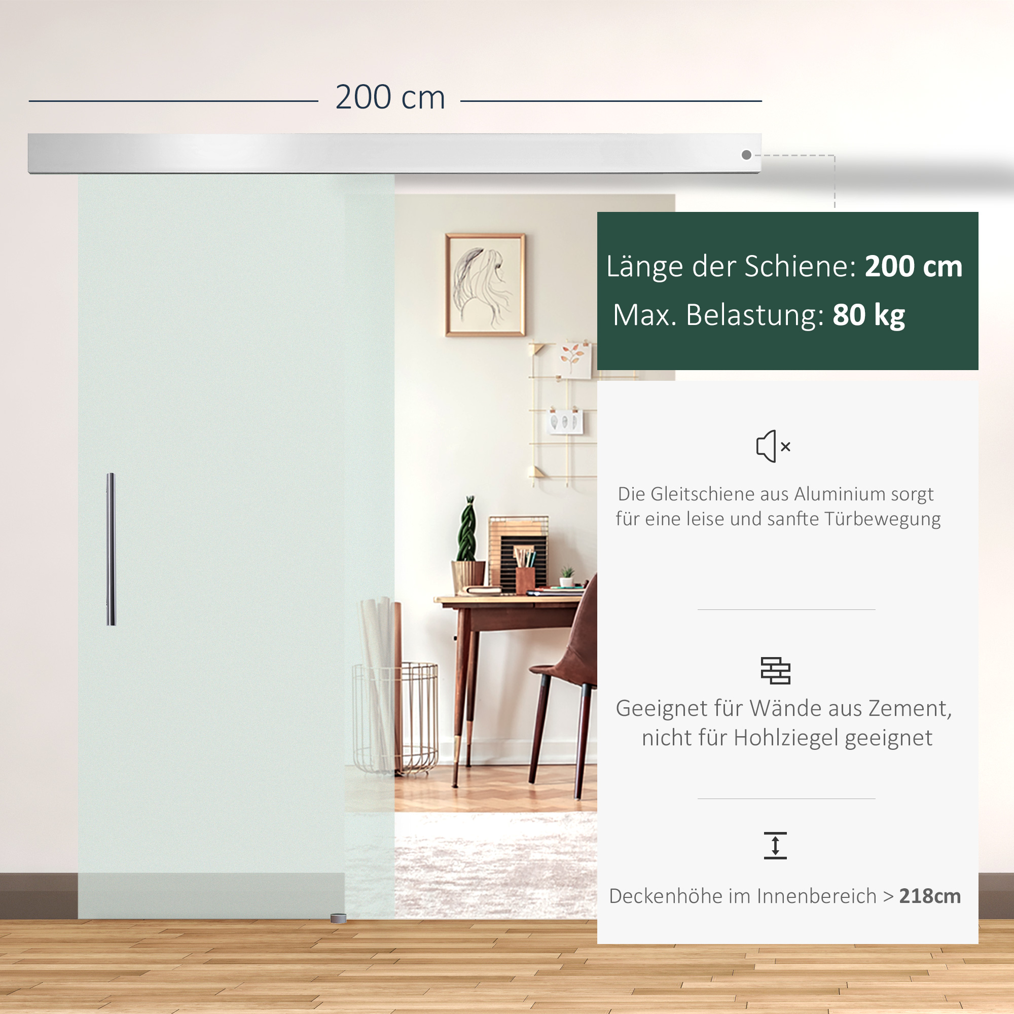 HOMCOM glazen schuifdeur schuifdeur glazen deur transparant handgreep gesatineerd 2050 x 775 x 8 mm