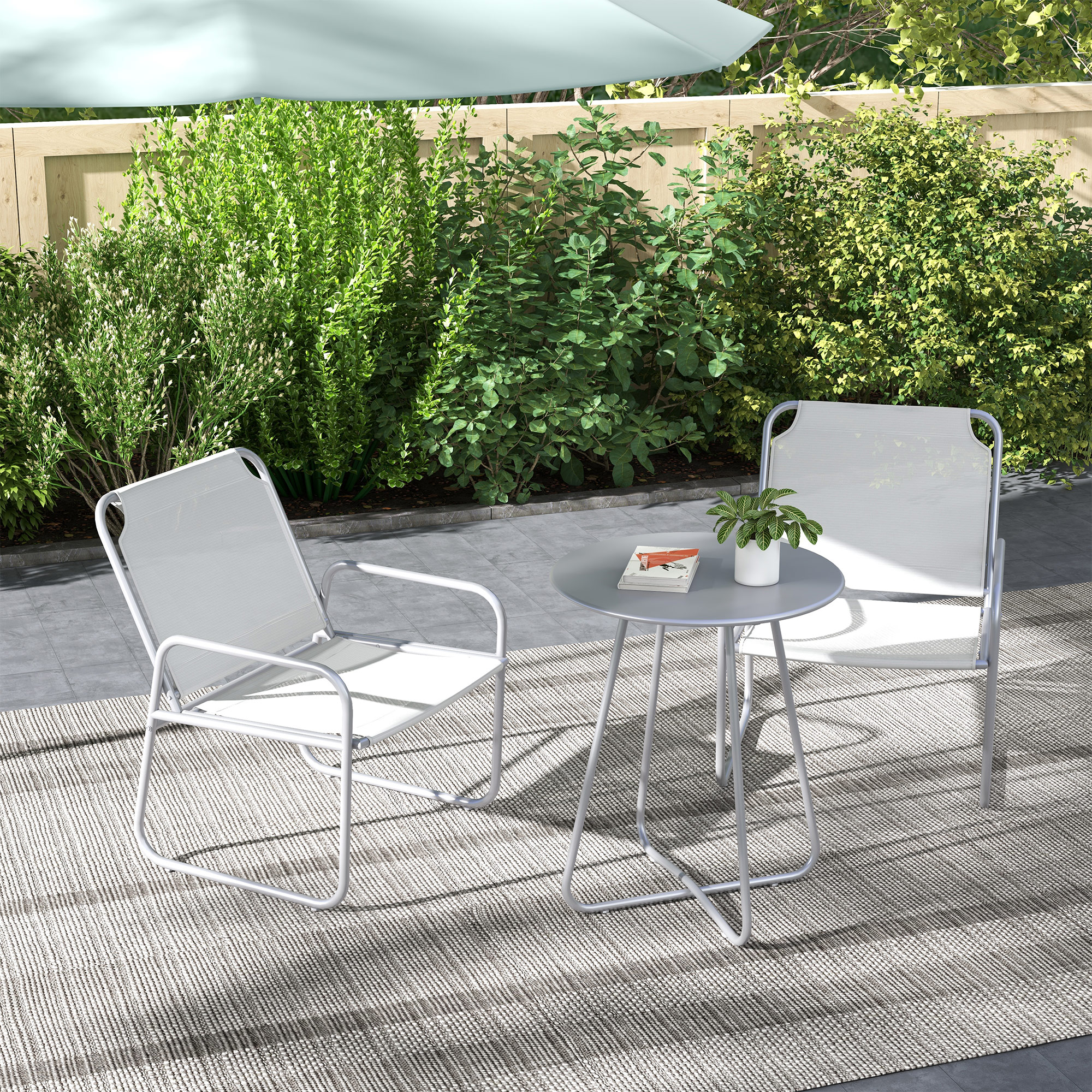 Outsunny 3-delige tuinmeubelset, 2 stoelen met ademende stoffen bekleding, 1 ronde tafel Ø60 cm, Lichtgrijs