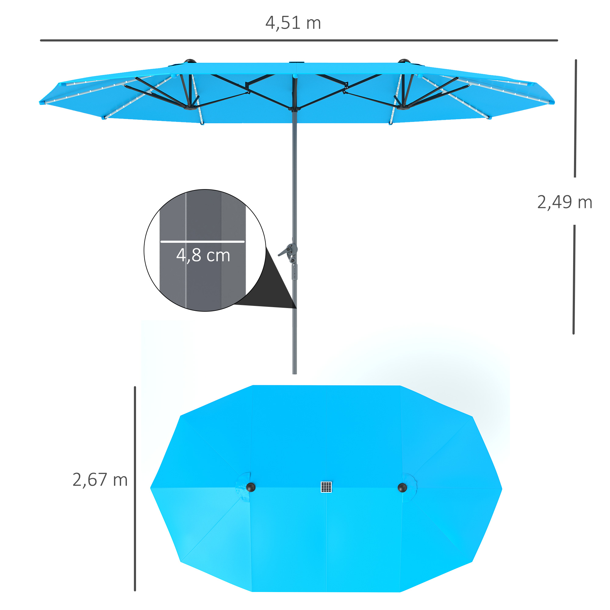 Outsunny Dubbele Parasol met Zonne-energie Verlichting, Aluminium, Polyester, UPF50+ Bescherming, UV-bestendig, Terrasparasol, Blauw