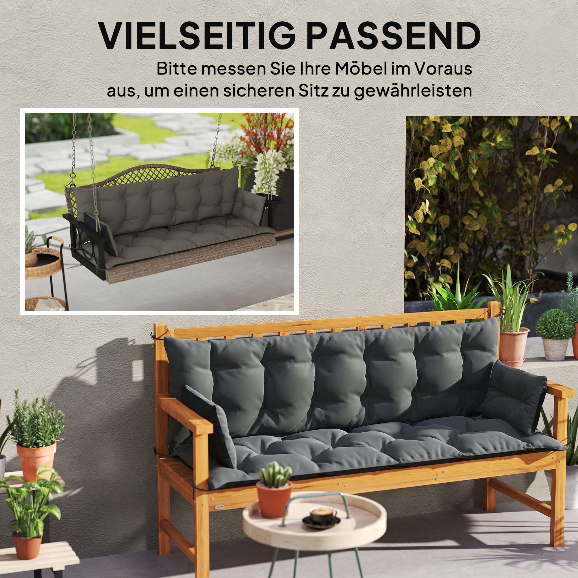 Outsunny Outdoor kussen set voor bank of schommelbank, tweezijdig, polyester, schuim, 180 x 110 x 8 cm, Donkergrijs