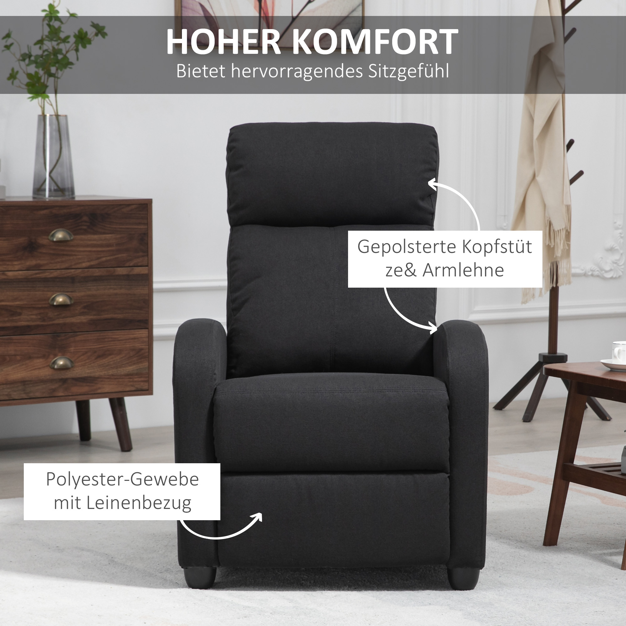 HOMCOM Relaxfauteuil, verstelbaar tot 135°, uitschuifbare voetsteun, gestoffeerde leuningen, Linnen-Polyester, Zwart