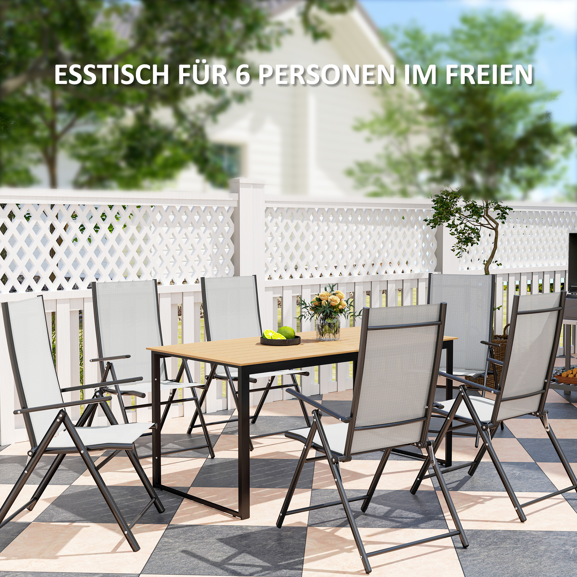 Outsunny Weerbestendige Tuintafel voor 6 - 160 x 80 cm met Lamellen-Tafelblad, Buitentafel in Teak Look