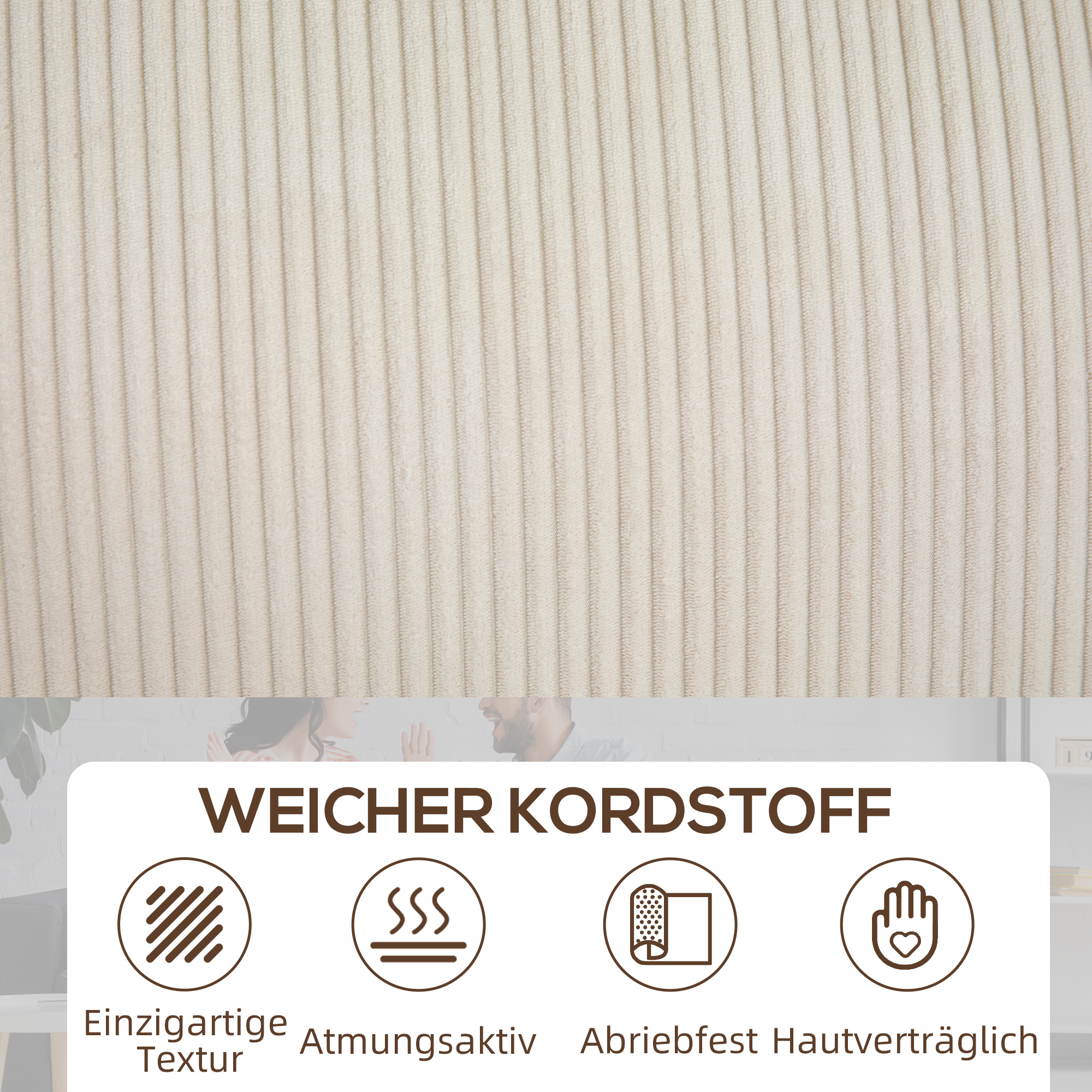 HOMCOM 3-Zitsbank met Corduroy Bekleding, Woonkamerbank met Pocketvering, tot 400 kg, 227 x 84 x 87 cm, Crèmewit