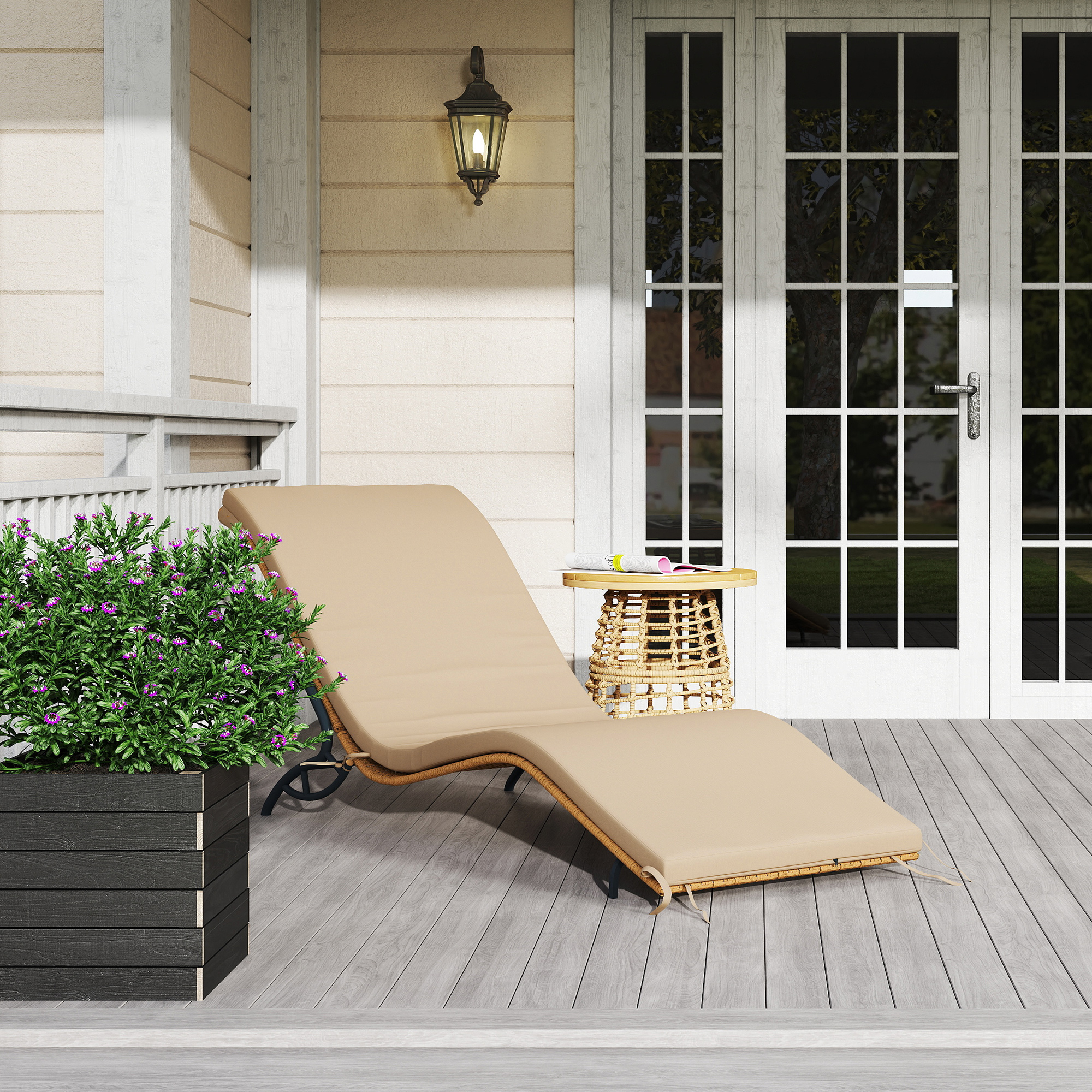 Outsunny Zonnebed Polyrattan Tuinbed met Kussen, Weerbestendig Ligbed 120 kg Draagvermogen 166 x 63 x 76 cm Beige