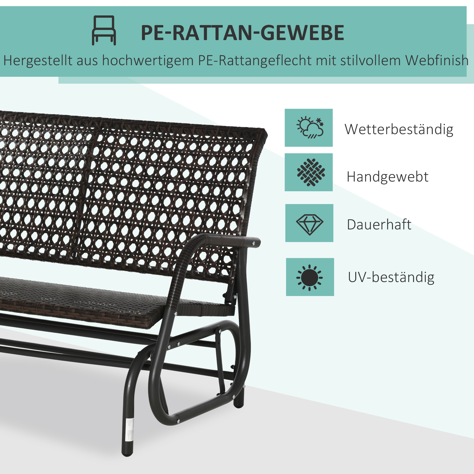Outsunny schommelbank voor 2 personen in rotan look, staal+polyrattan, bruin+grijs, 70 x 120 x 84 cm