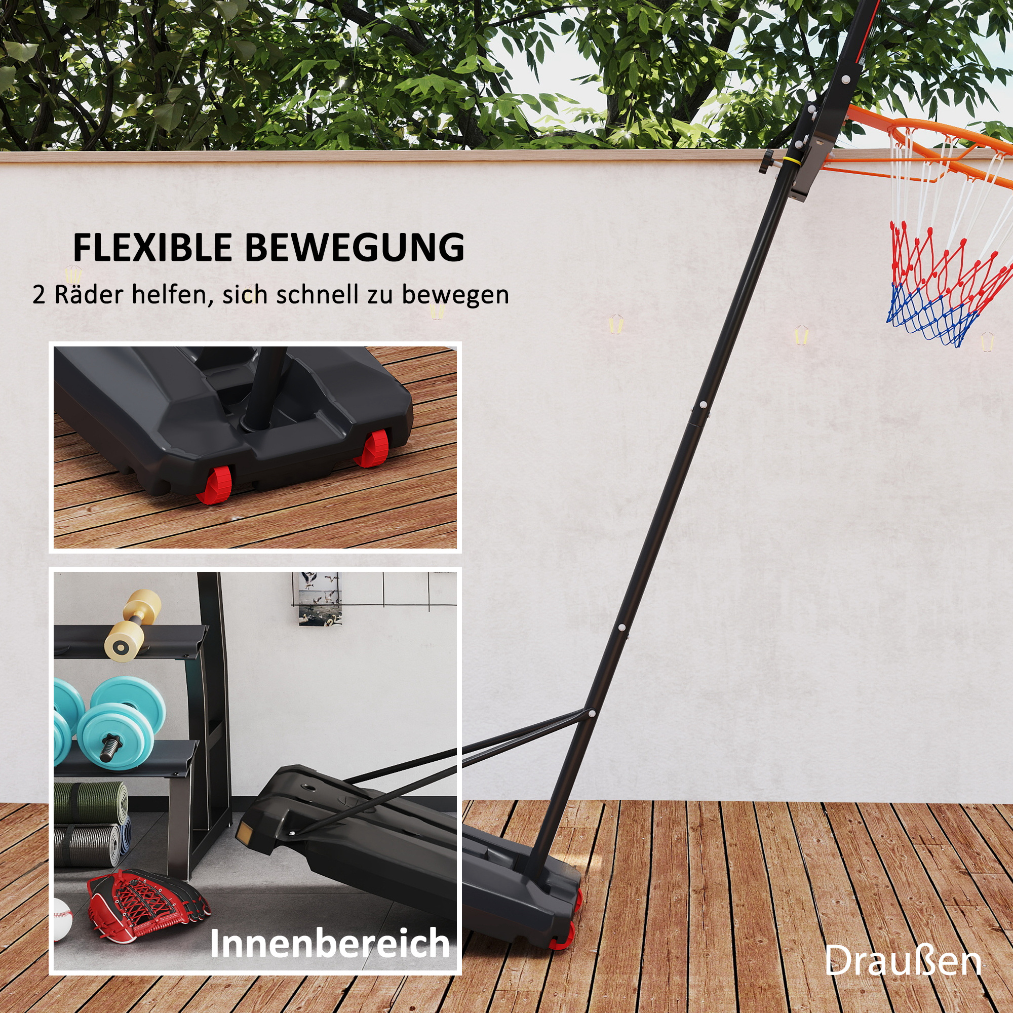 AIYAPLAY Kinderbasketbalring, buiten, voor kinderen, 210-260 cm in hoogte verstelbaar, met wielen, vanaf 6 jaar, Rood