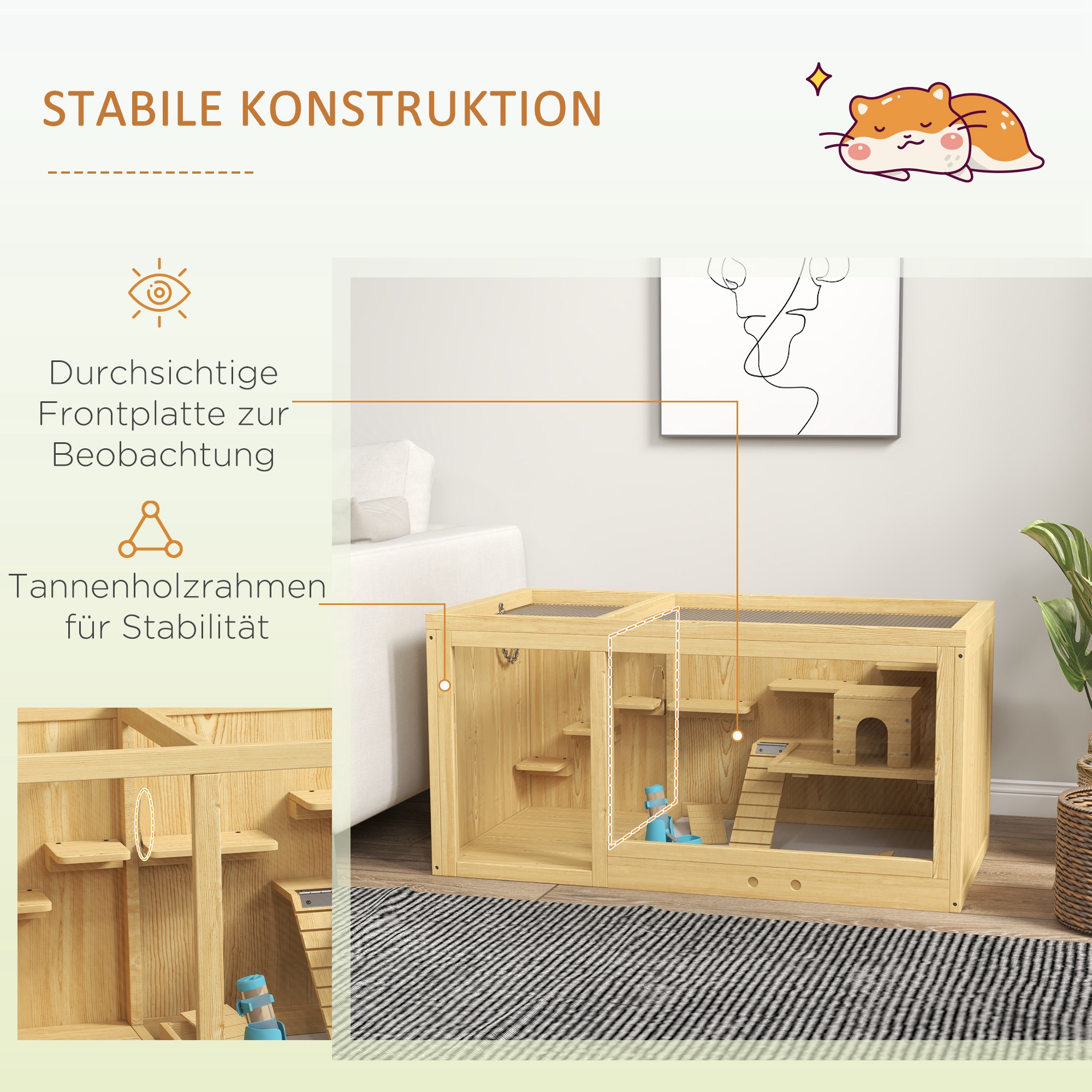 PawHut Knaagdierkooi, Sparrenhout, inclusief accessoires en drinkfles, 100 x 50 x 50 cm, Natuurlijk