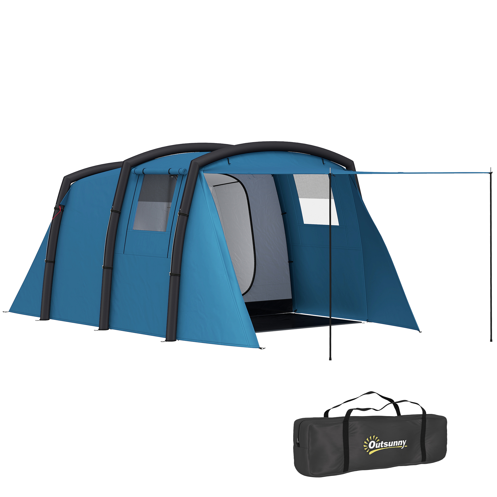 Outsunny Opblaasbare Campingtent 3-6 Personen Outdoor Tunneltent met Zijramen Deur Luchtsteunen 4,4 x 2,8 x 1,95 m Blauw