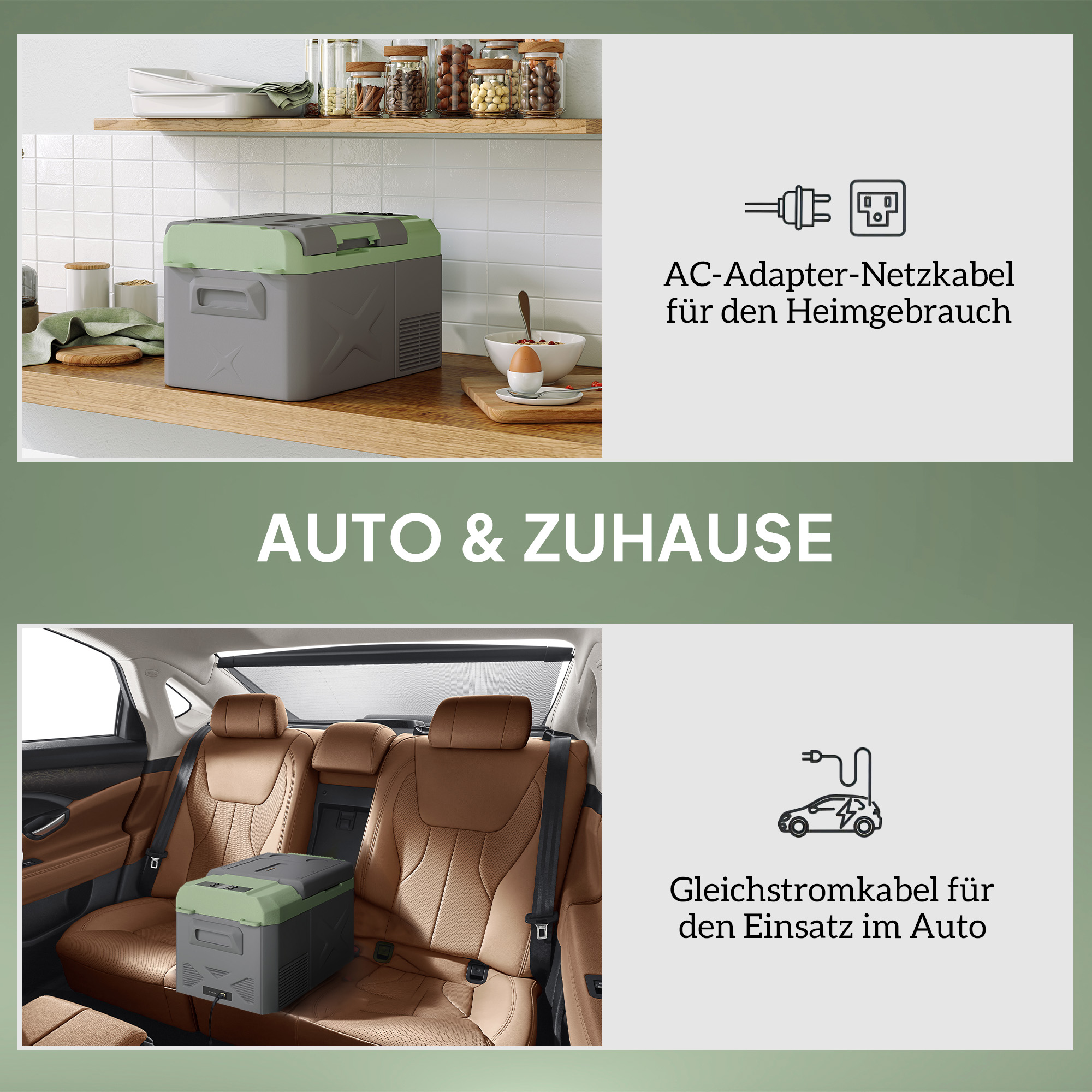 Outsunny 24,2 Liter Campingkoelkast, Autokoelkast, Koelbox met LED-Licht, AC- en DC-Adapters, Stille Werking, Grijs+Groen
