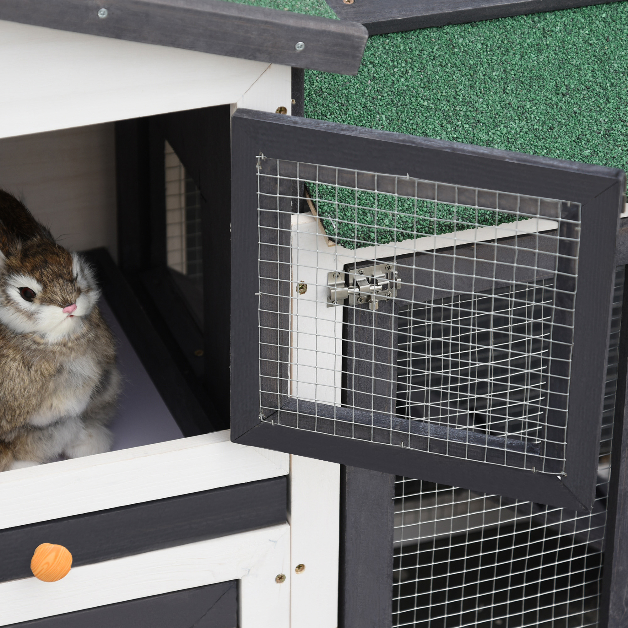 PawHut Konijnenhok konijnenkooi konijnenstal met twee verdiepingen en een openluchtverblijf grenen