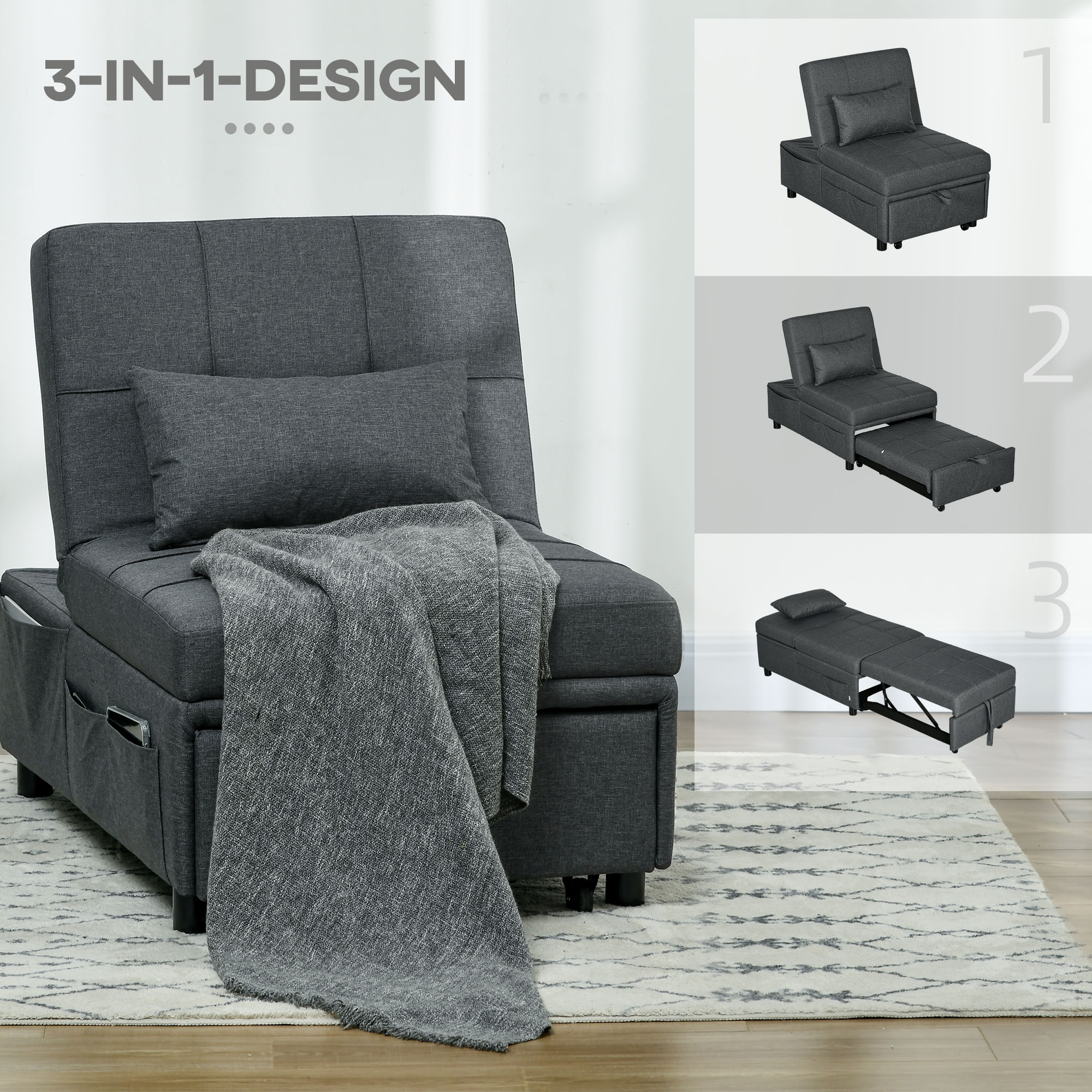 HOMCOM Ligstoel Slaapstoel 3-in-1 Stoel, linnenlook, inclusief kussen, 65,5 cm x 104 cm x 81 cm, Donkergrijs