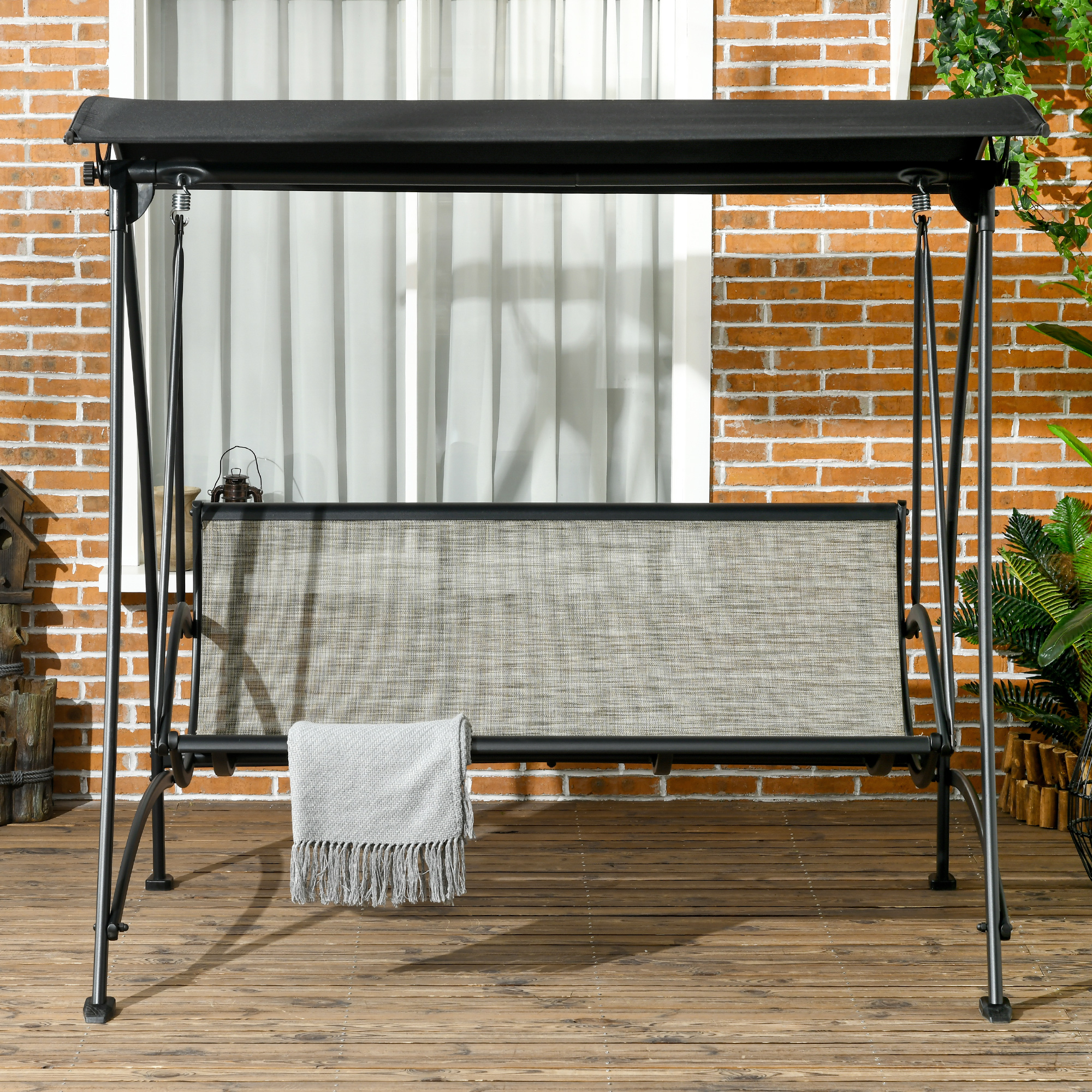 Outsunny Schommelbank voor 3 personen, verstelbaar dak, weerbestendig, stalen frame, zwart/bruin