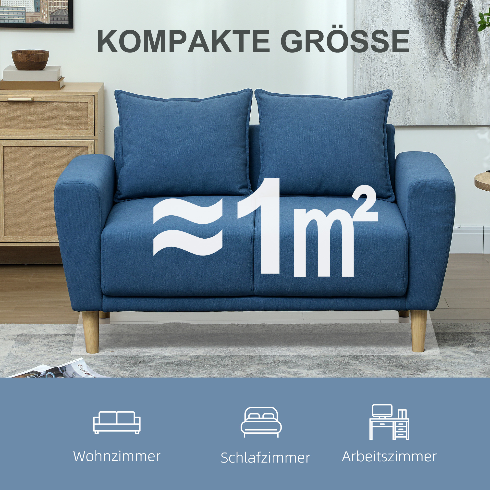 HOMCOM Tweezitsbank, Moderne Stoffen Bank, 2 Rugkussens, Eucalyptus-Houten Frame, 133 x 73 x 81 cm, Blauw
