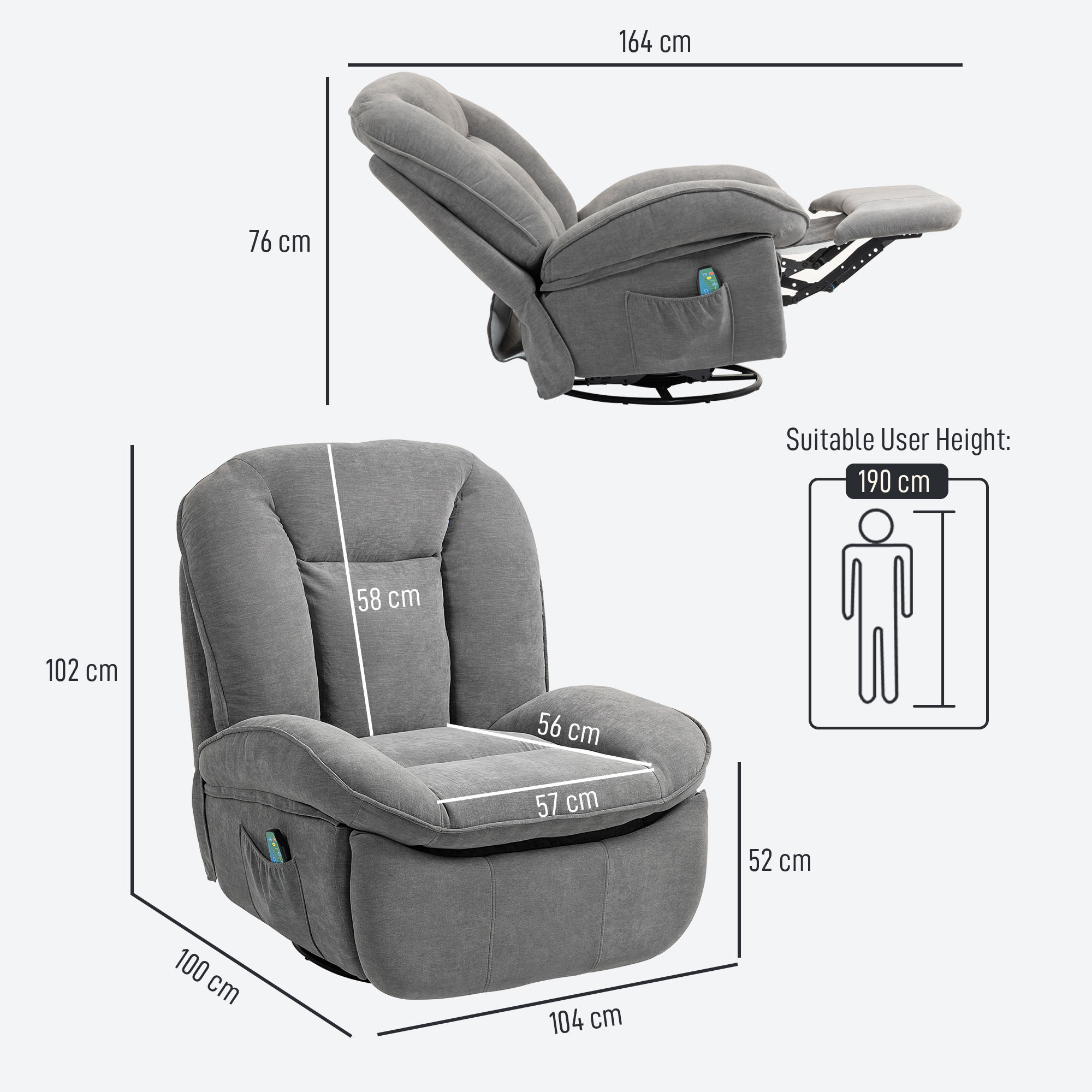 HOMCOM Relaxfauteuil, TV-fauteuil met Ligfunctie, Schommel- en Draaibaar, met Voetsteun, Grijs
