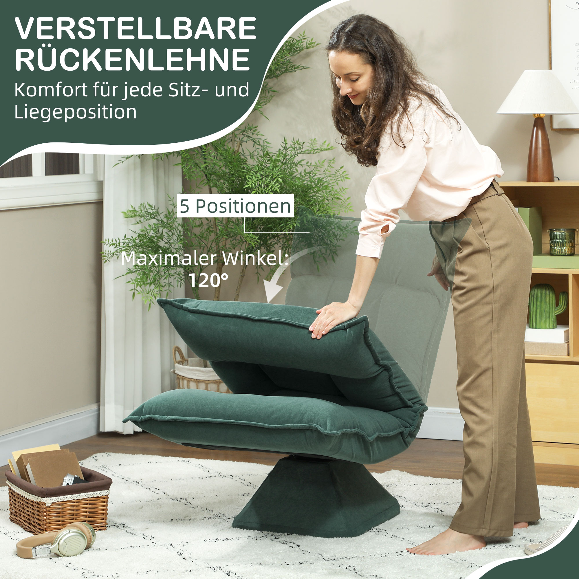 HOMCOM Vloerstoel met 5-voudig verstelbare Rugleuning, Draaibaar, Moderne Polsterstoel, Groen