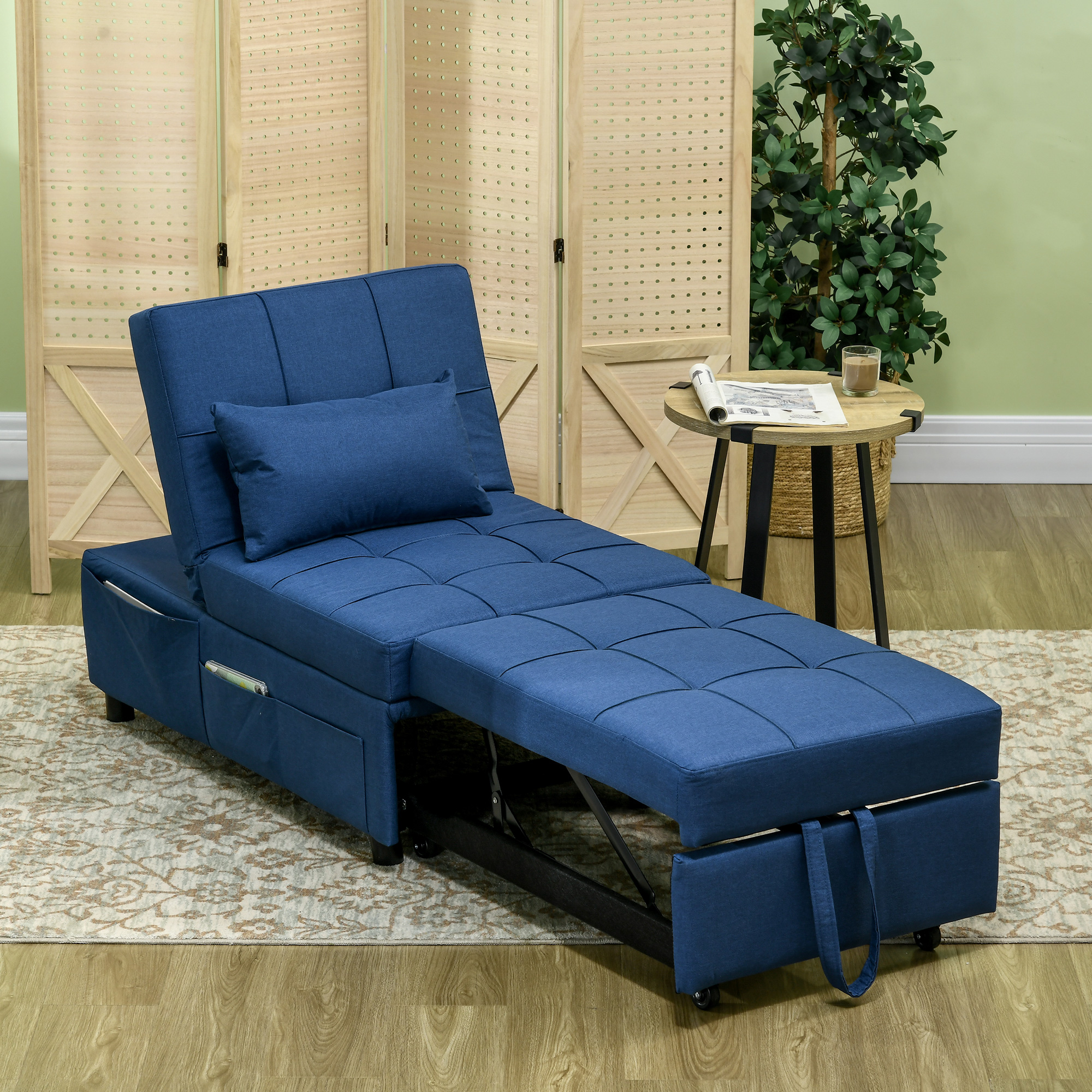 HOMCOM 3-in-1 Opvouwbare Fauteuil met Zijvak, Gastenbed met Kussen, Verstelbare Rugleuning, Stoelbed met Wielen, Blauw