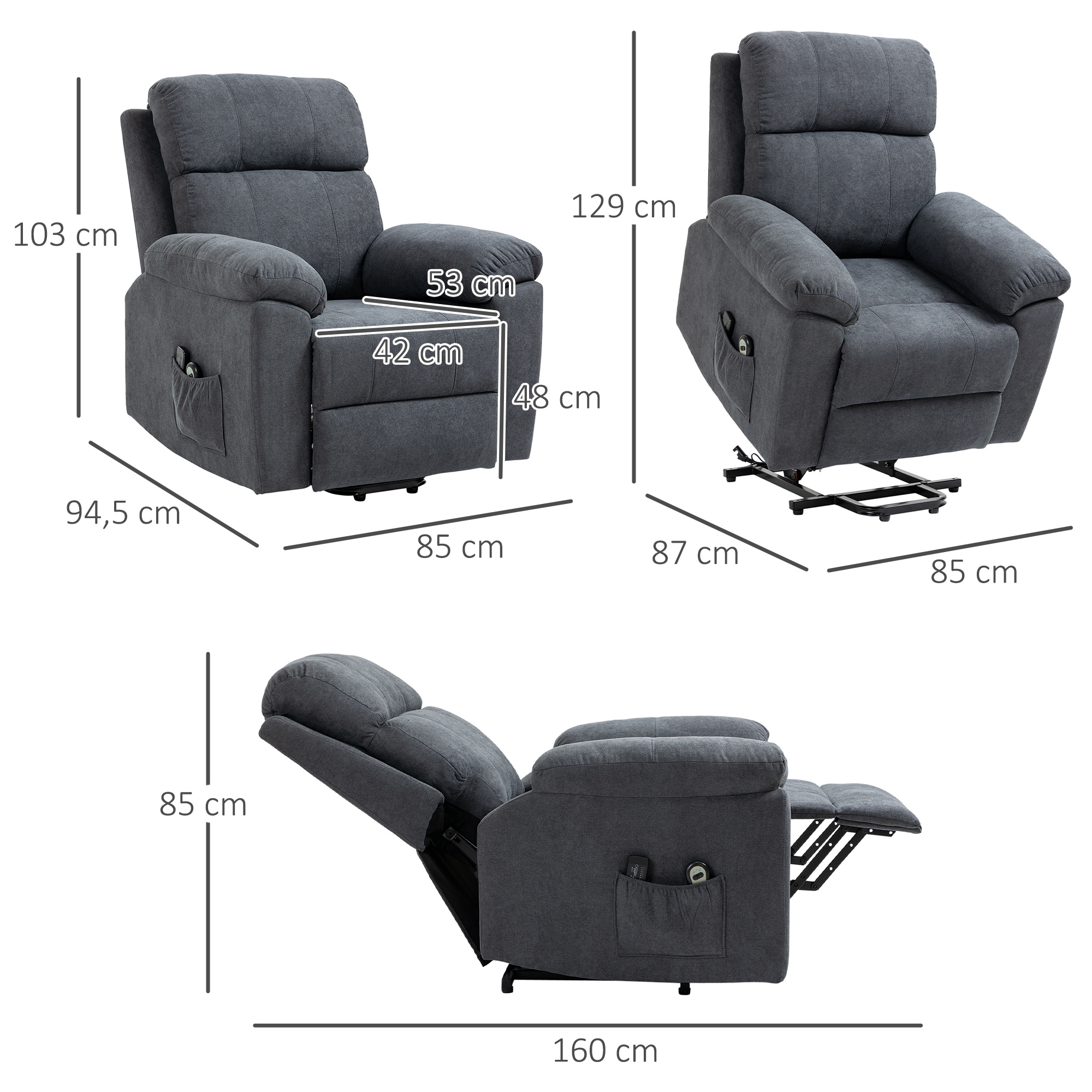 HOMCOM Massagestoel met opstaan hulp, 8 vibratiemotoren, inclusief afstandsbediening, donkergrijs