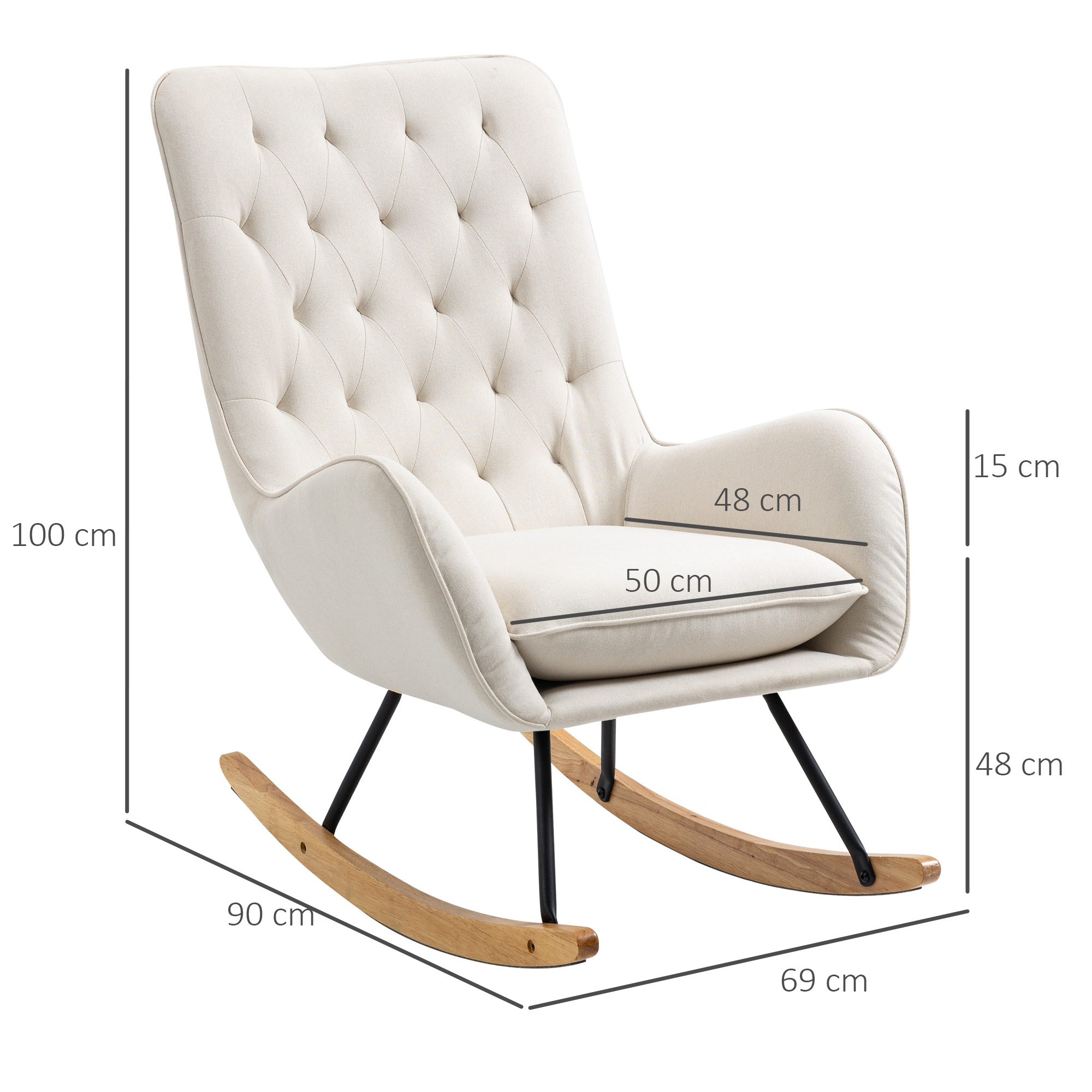 HOMCOM Schommelstoel in Scandinavisch design - Relaxfauteuil met knopsteekdetailing, 69 cm x 90 cm x 100 cm, Crème + Natuur + Zwart