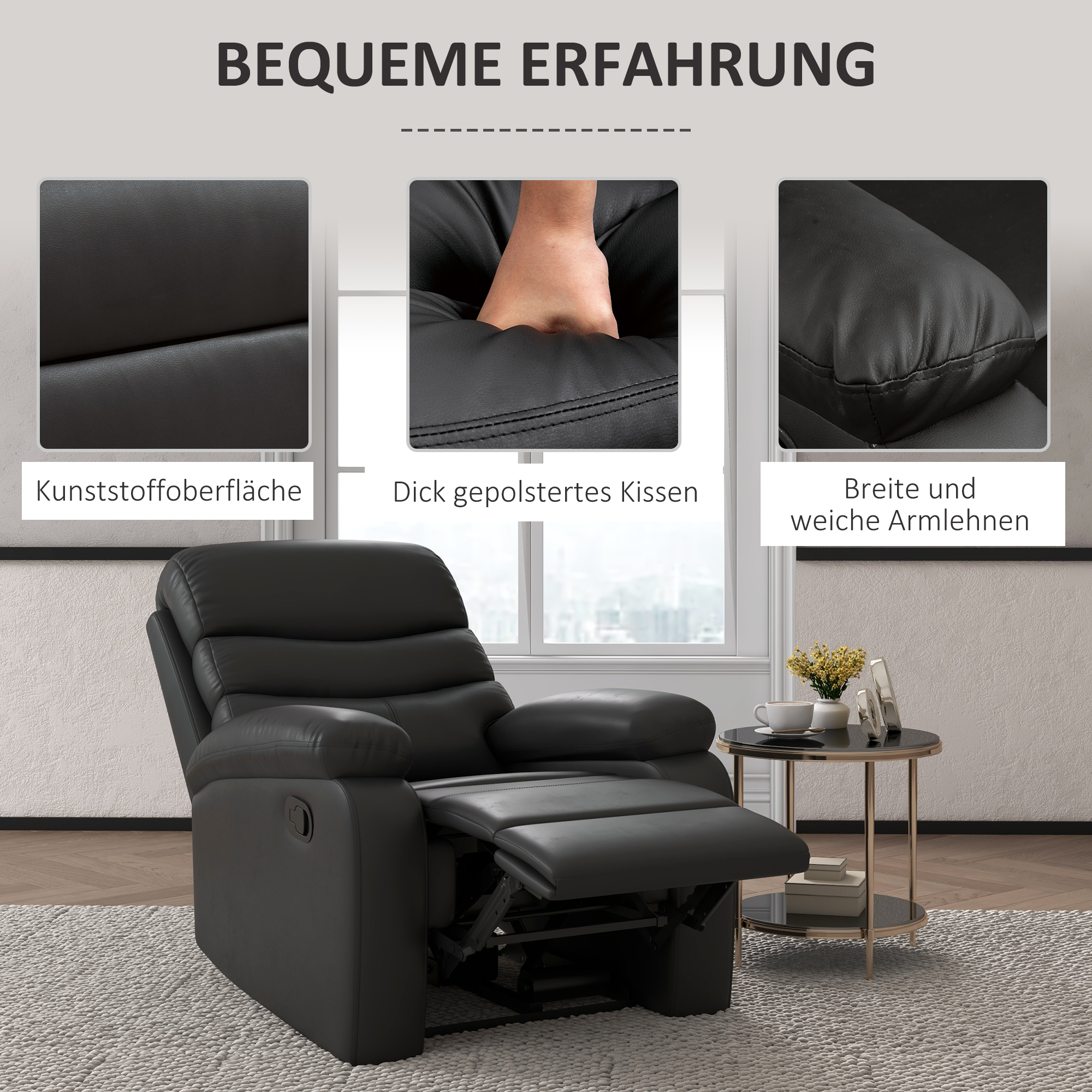 HOMCOM Ontspanningsstoel Ligstoel, met ligfunctie, inclusief voetensteun, 80 cm x 90 cm x 105 cm, Zwart