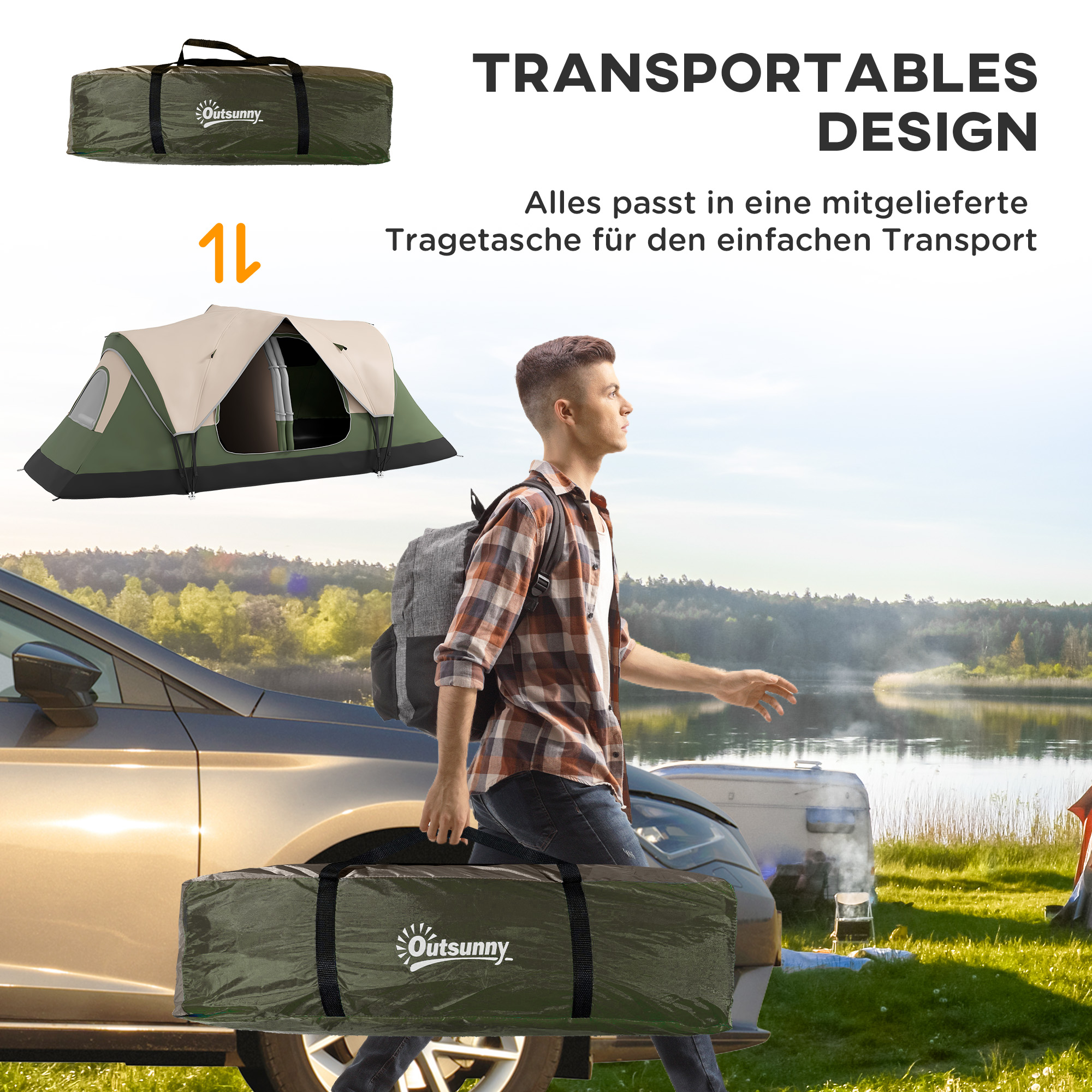 Outsunny Campingtent, 2 Ruimtes, Verwijderbare Scheidingswand, voor 6 Personen, Waterdicht, Donkergroen