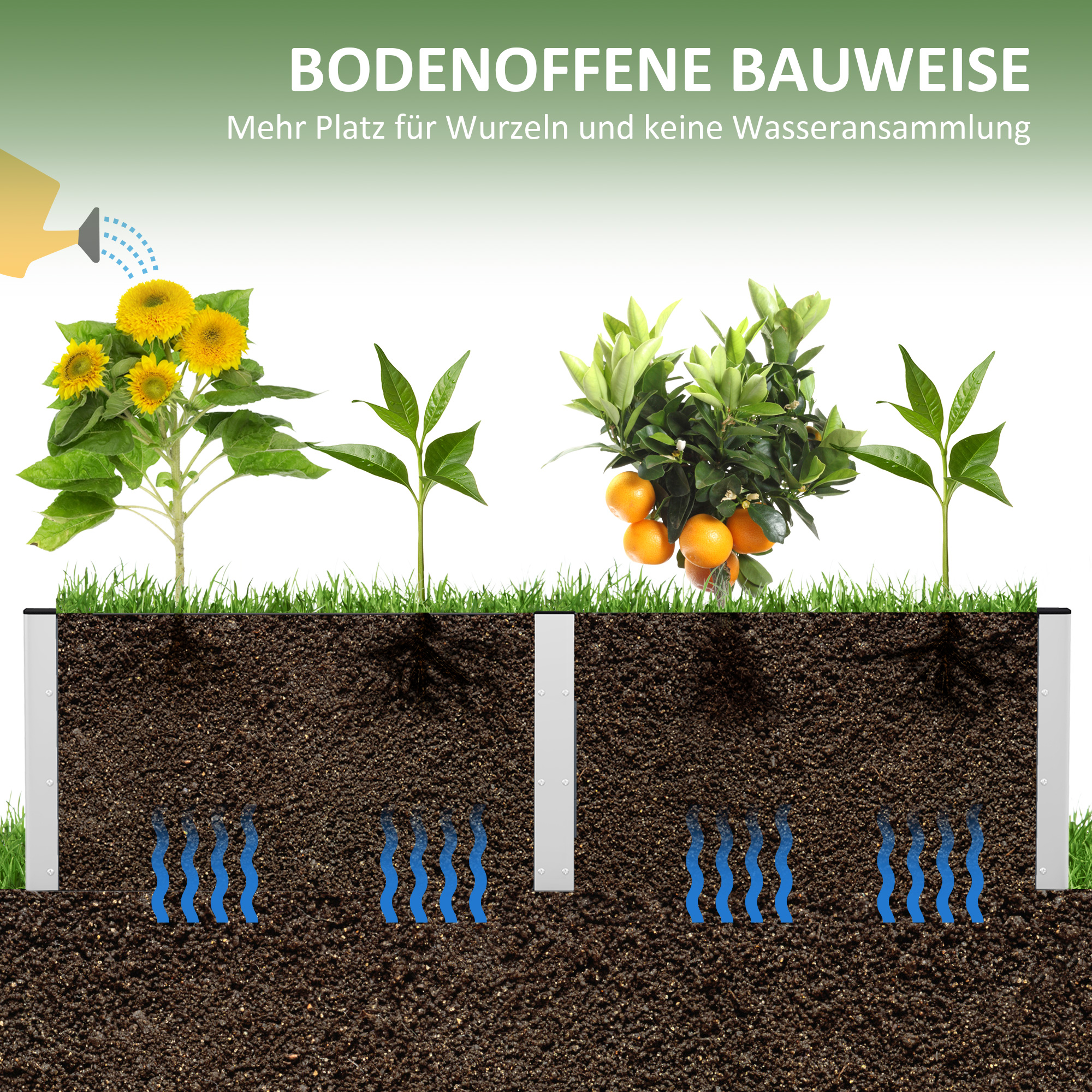 Outsunny Hoge plantenbak met open bodem, hoge zijkanten, weerbestendig, aluminium frame, 200 x 50 x 56 cm, Grijs
