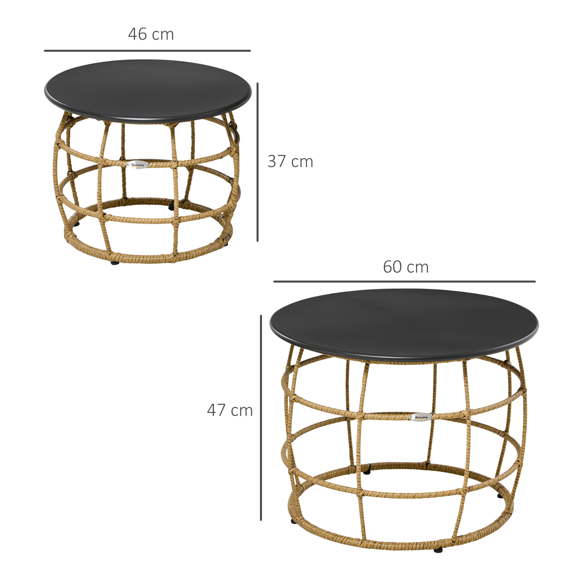 Outsunny set van 2 tuintafels in boho-stijl, weerbestendig, stapelbaar, 60 cm x 60 cm x 47 cm, naturel + donkergrijs