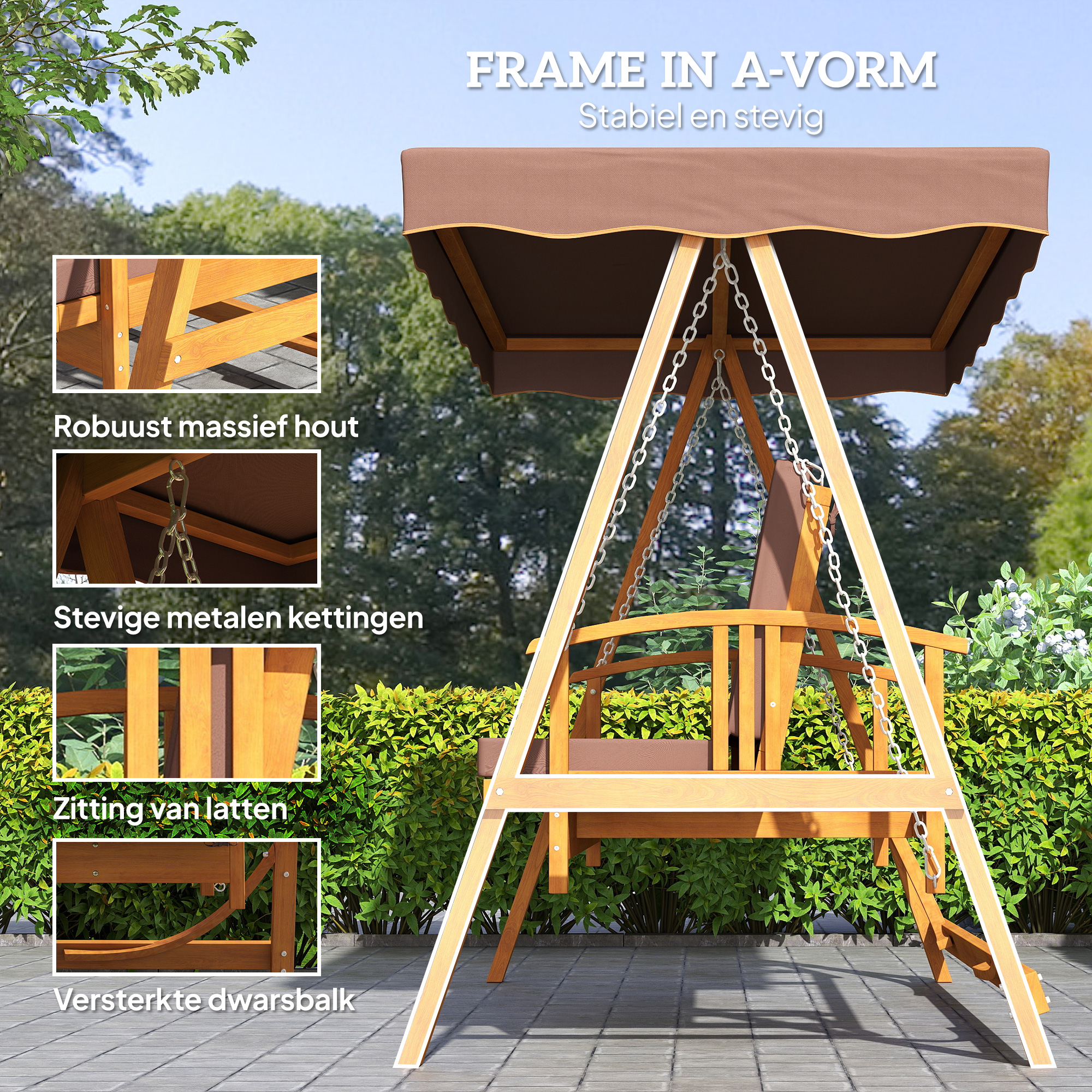 Outsunny Hollywoodschommel met Zonnedak, Echthouten Tuinschommel, Schommelbank met Ligfunctie, Voor 3 Personen, Bruin