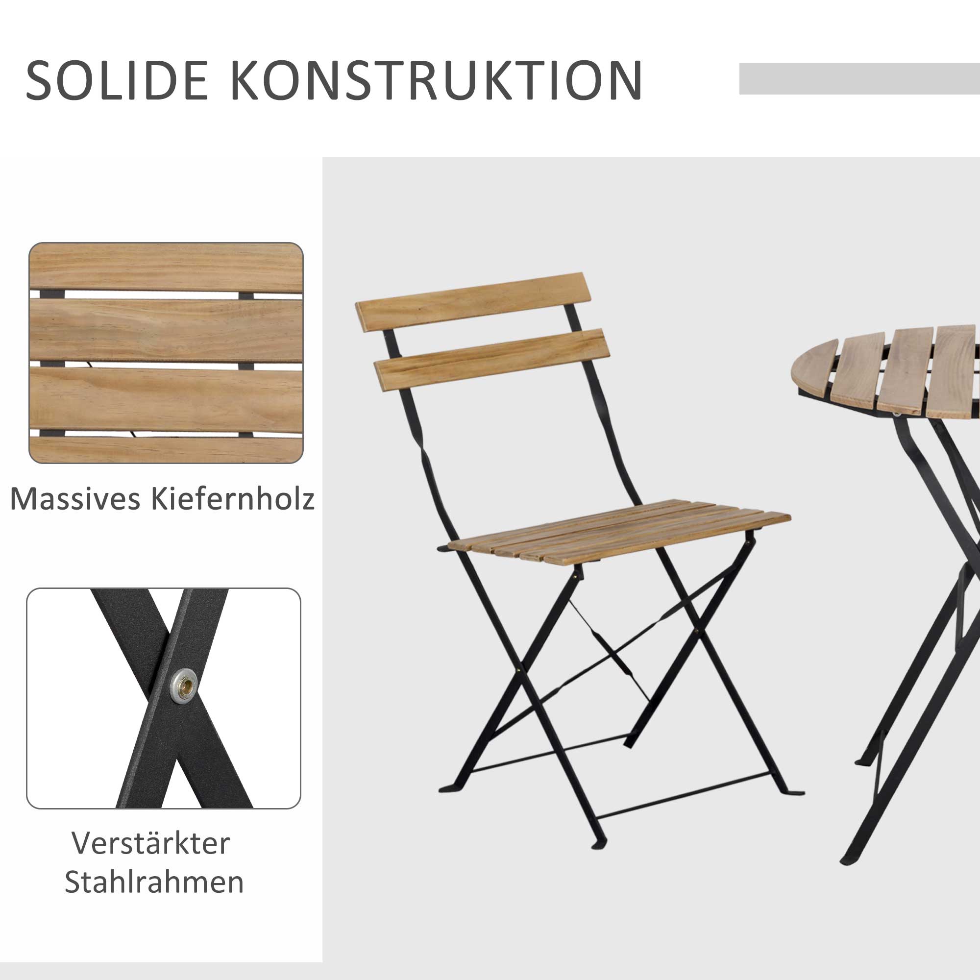 Outsunny 3-delige opvouwbare bistroset massief hout + stalen frame natuurlijke kleur