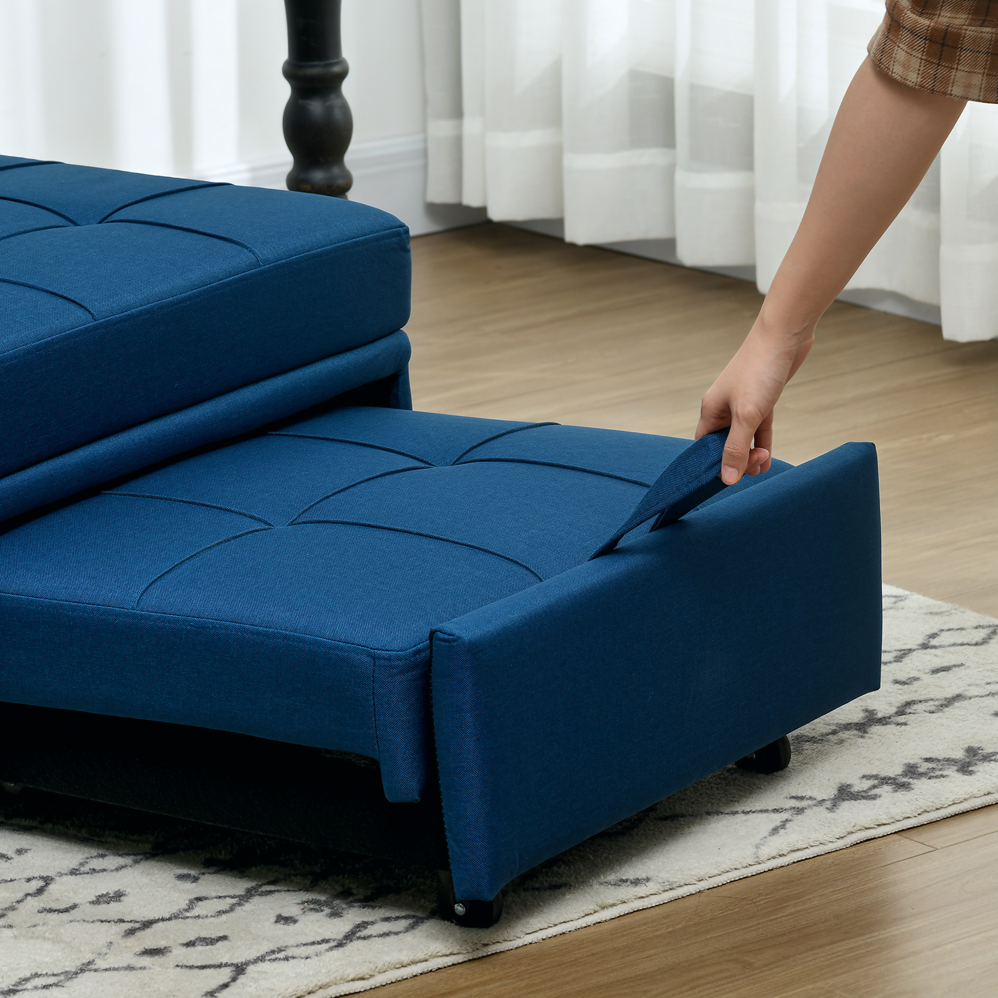 HOMCOM 3-in-1 Opvouwbare Fauteuil met Zijvak, Gastenbed met Kussen, Verstelbare Rugleuning, Stoelbed met Wielen, Blauw