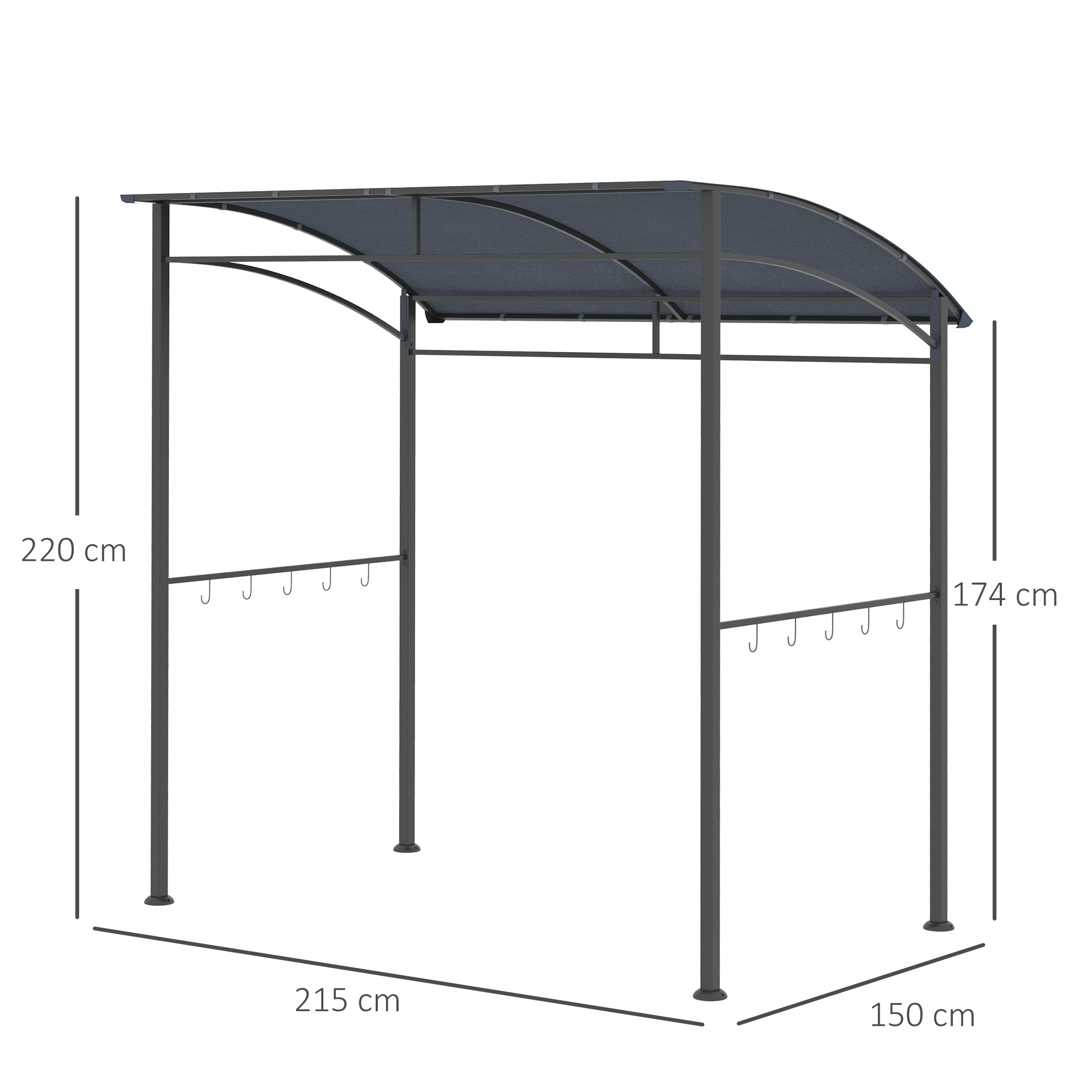 Outsunny Grillpaviljoen, Grillafdak, Regenbescherming, Haken voor Keukengerei, Stalen frame, grijs, 215 x 150 x 174/220 cm