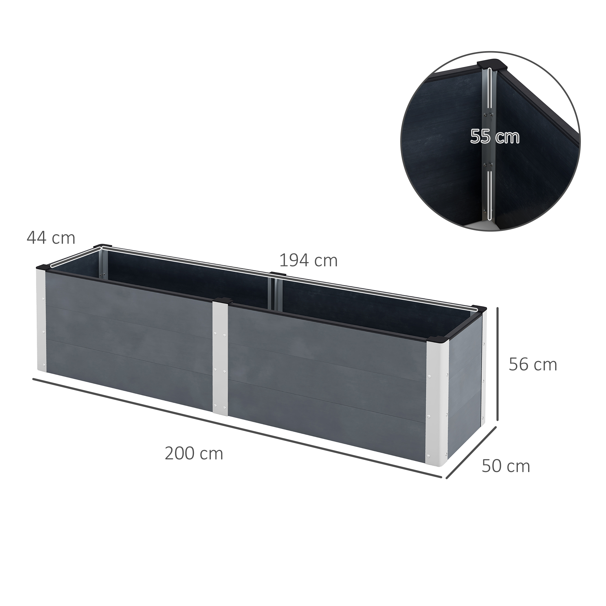 Outsunny Hoge plantenbak met open bodem, hoge zijkanten, weerbestendig, aluminium frame, 200 x 50 x 56 cm, Grijs