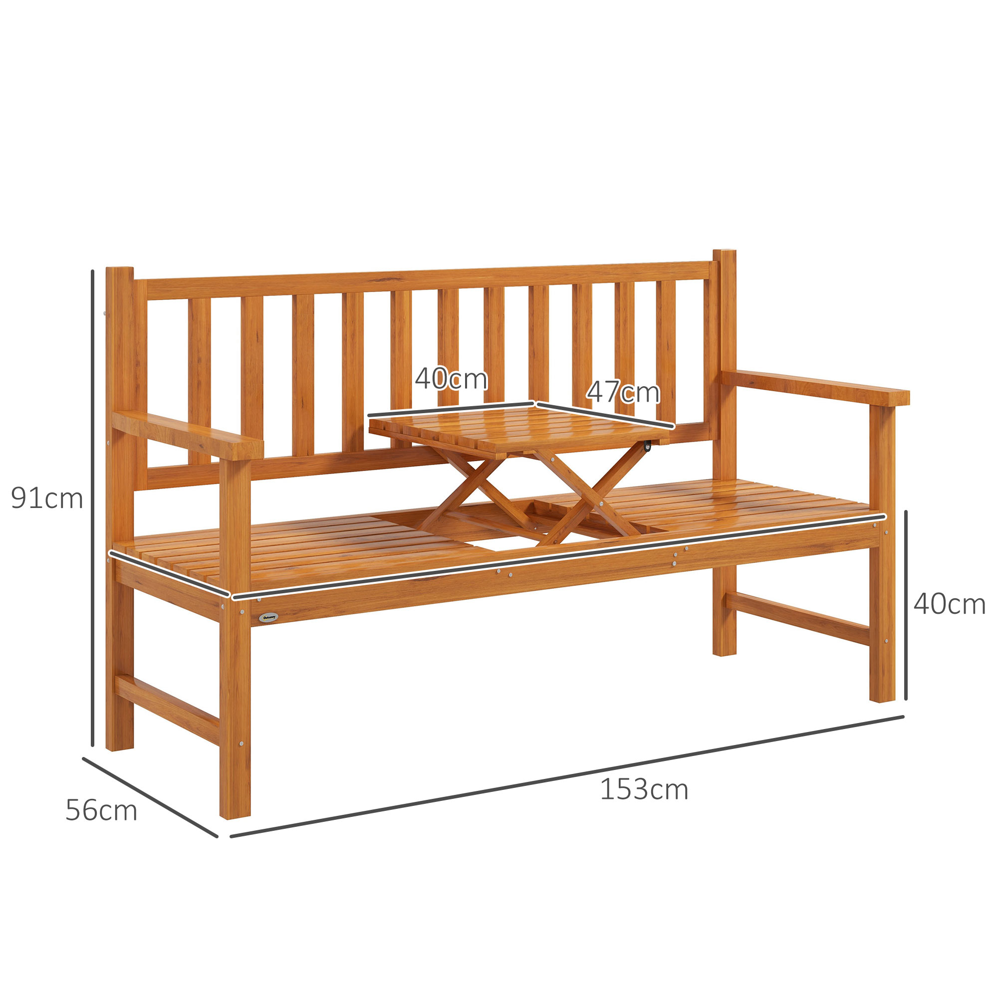 Outsunny Tuinbank Houten Bank Buitenbank, inklapbare Tafel, weerbestendig, Grenenhout, 153 cm x 56 cm x 91 cm, Lichtbruin