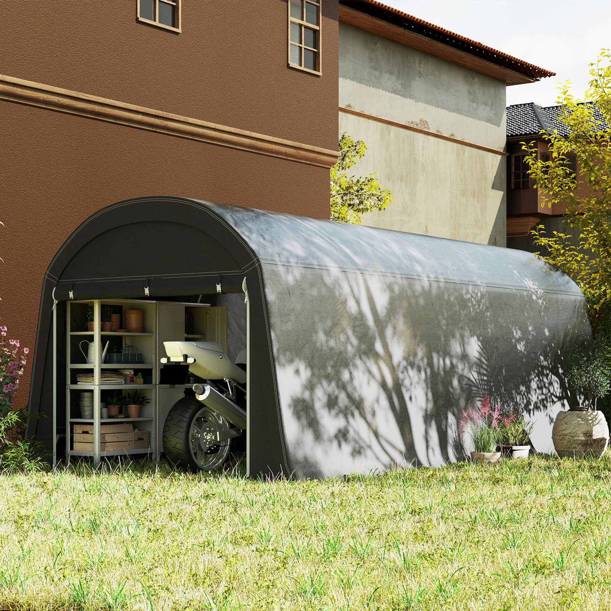 Outsunny Tuinschuur met Kunststof Zeil, Gereedschapstent, Opzetbare Garage, 300B x 600D x 230H cm, Donkergrijs