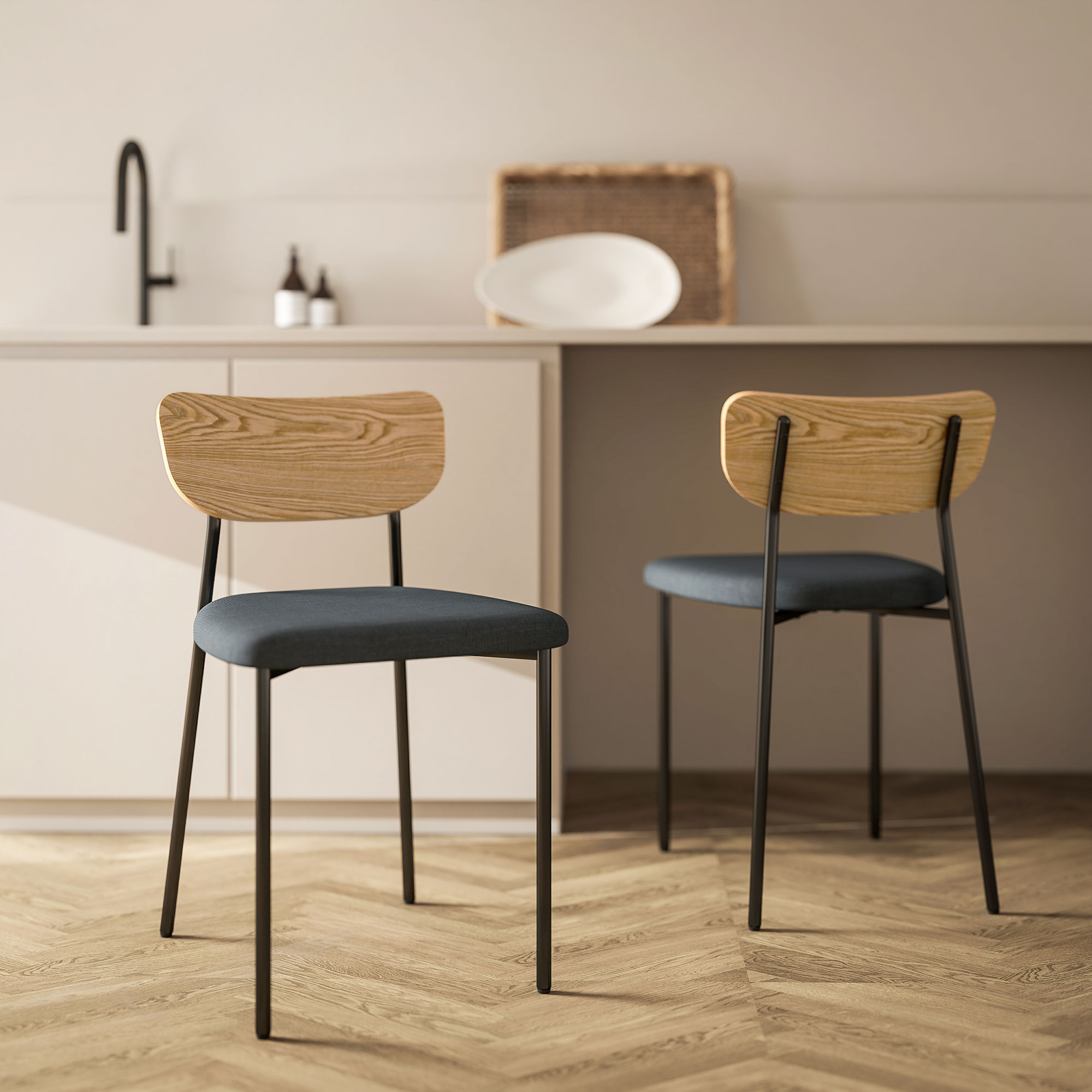 HOMCOM Set van 2 eetkamerstoelen in linnen-look, armloos ontwerp, metalen poten, Grijs