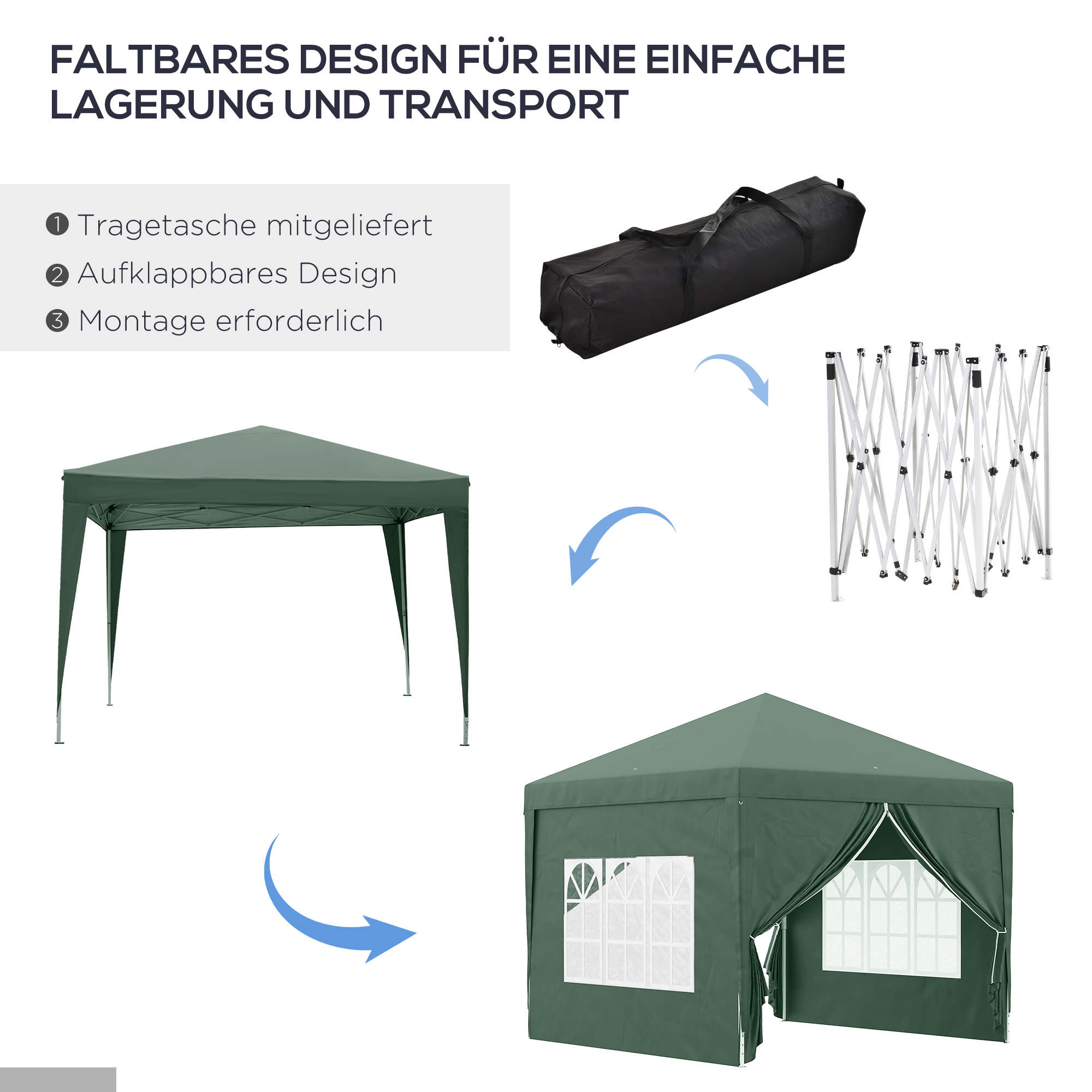 Outsunny Paviljoen, Biertent, 4 verwijderbare zijwanden, 2 ramen, Metalen frame, 2,95 x 2,95 m, Groen